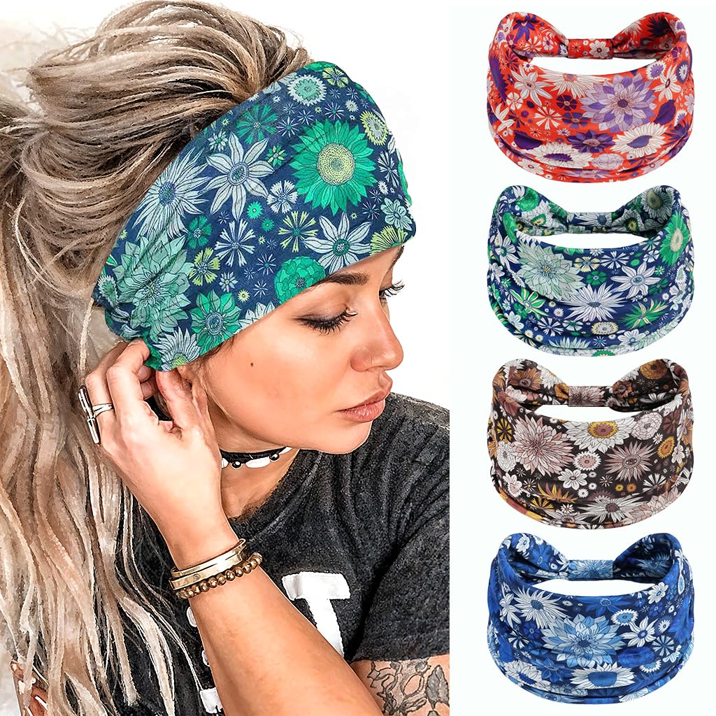 SANNIDHI Headbands for Women featuring 4 Floral Stretch Wraps with Knotted Boho Design