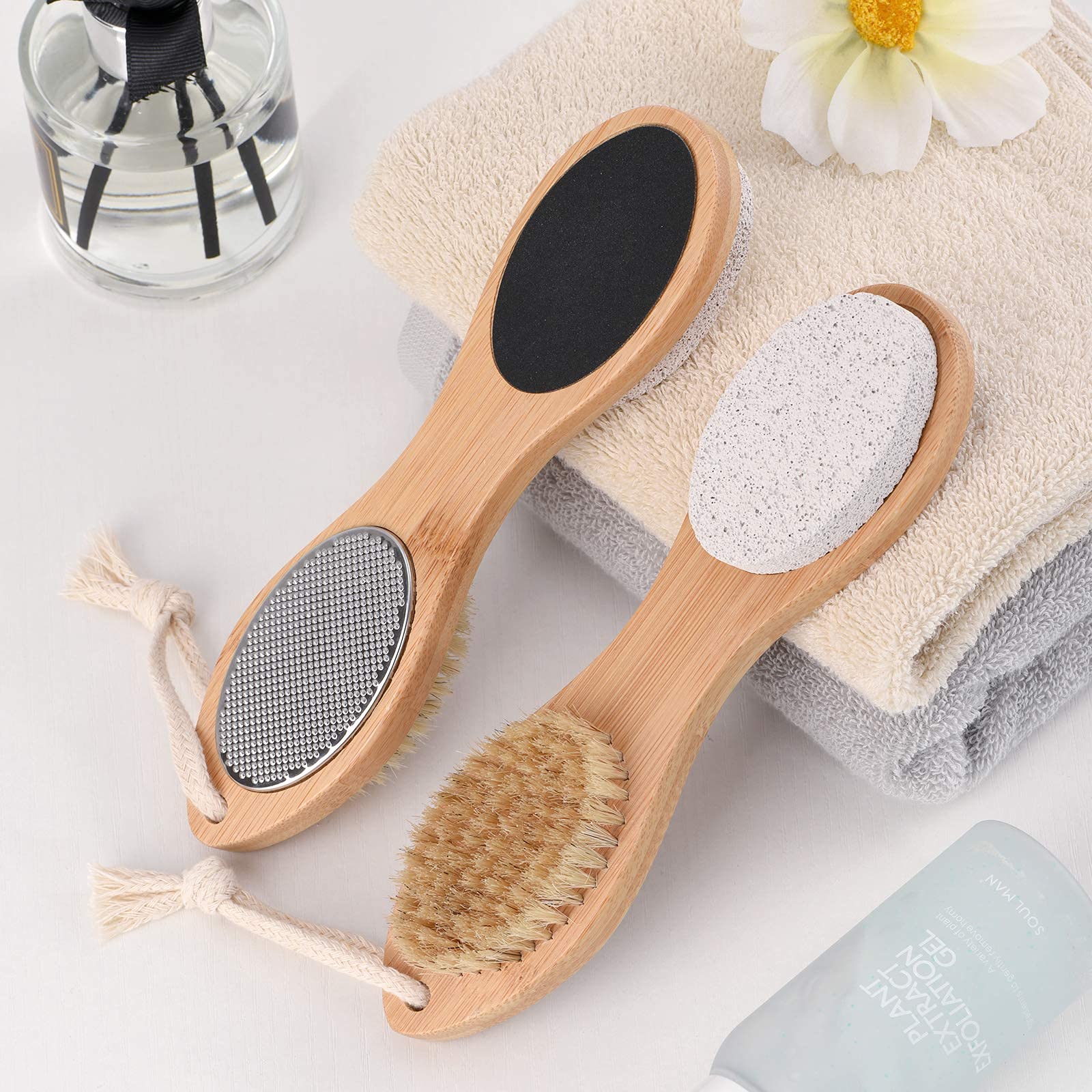 PatPat 4 In 1 Foot Pedicure Brush,Foot Scrubber,Foot File Callus Remover,Exfoliator Tools with Foot Care Bristle Brush,Sand Paper and Bamboo Handle