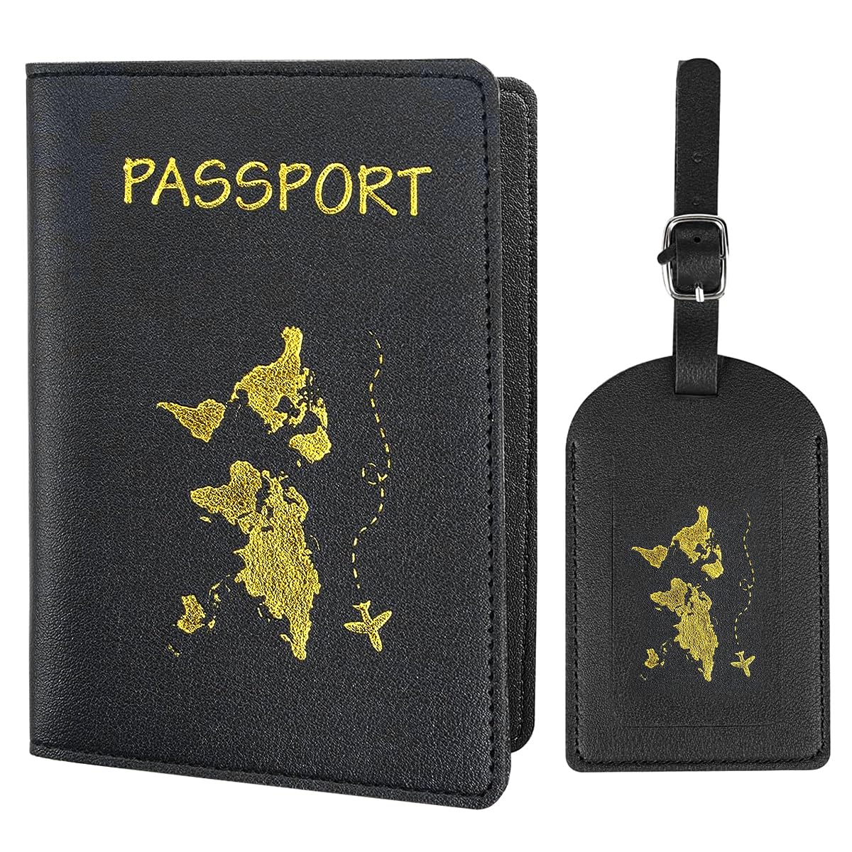 PALAY® Passport Holder and Luggage Tag Set, Travel Must Haves Leather Luggage Tags for Storing Passport Boarding Passes Credit Cards Label Card, Black