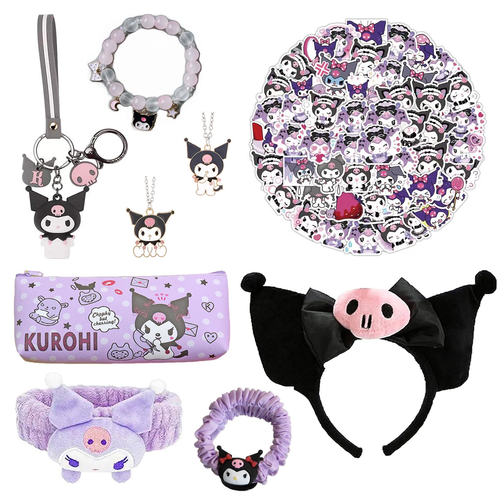 HASTHIP® Kawaii Kuromi Headpieces Gift Set of 9Pcs Kuromi Merchandise Includes Spa Plush Headband, Cartoon Headband, Scrunchy, Beaded Bracelet, Necklaces, Keyring, Stickers, Stationeries Pouch.
