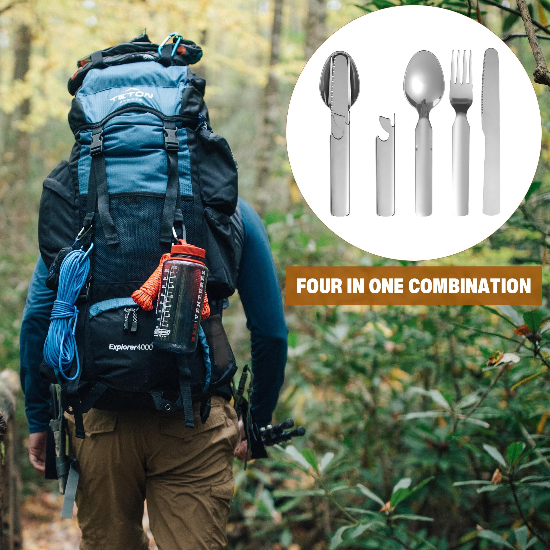 PROBEROS Camping Cutlery Set for Outdoor Meals with 6.7 in Stackable 4 in 1 Stainless Steel Design