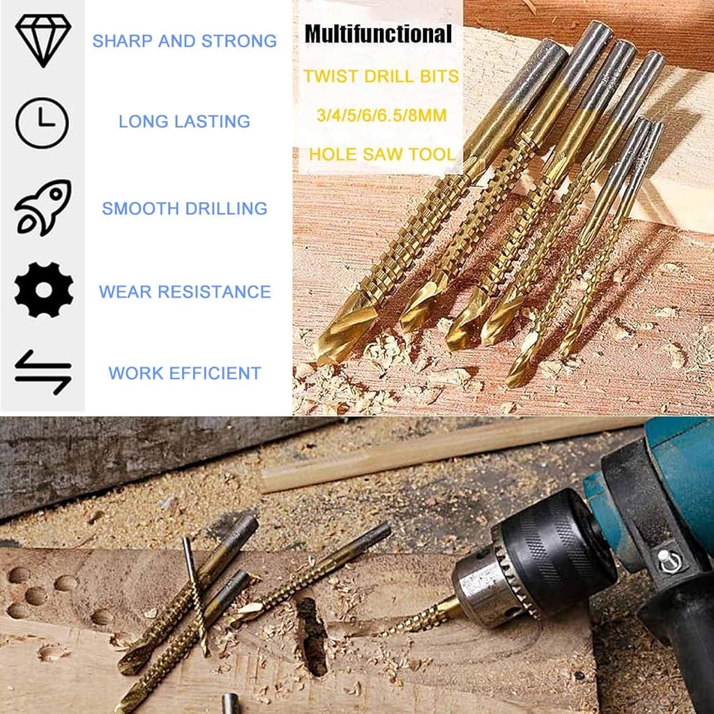 ZIBUYU® Titanium Coated HSS Twist Drill Milling Bits - 3-8mm Serrated Grooving Cutting Carpenter Side Cutting Tap Spiral Saw Drill Bit Woodworking Wood Metal Plastic Hole Holesaw Tool (6pcs)