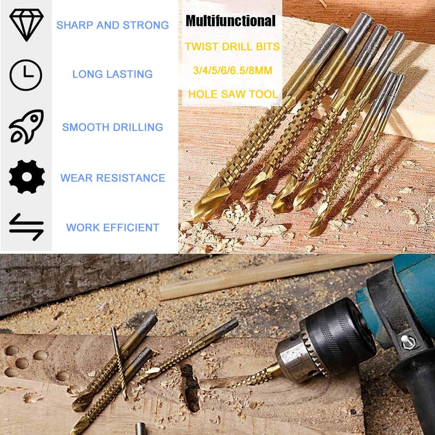 ZIBUYU Titanium Coated HSS Twist Drill Milling Bits - 3-8mm Serrated Grooving Cutting Carpenter Side Cutting Tap Spiral Saw Drill Bit Woodworking Wood Metal Plastic Hole Holesaw Tool (6pcs)