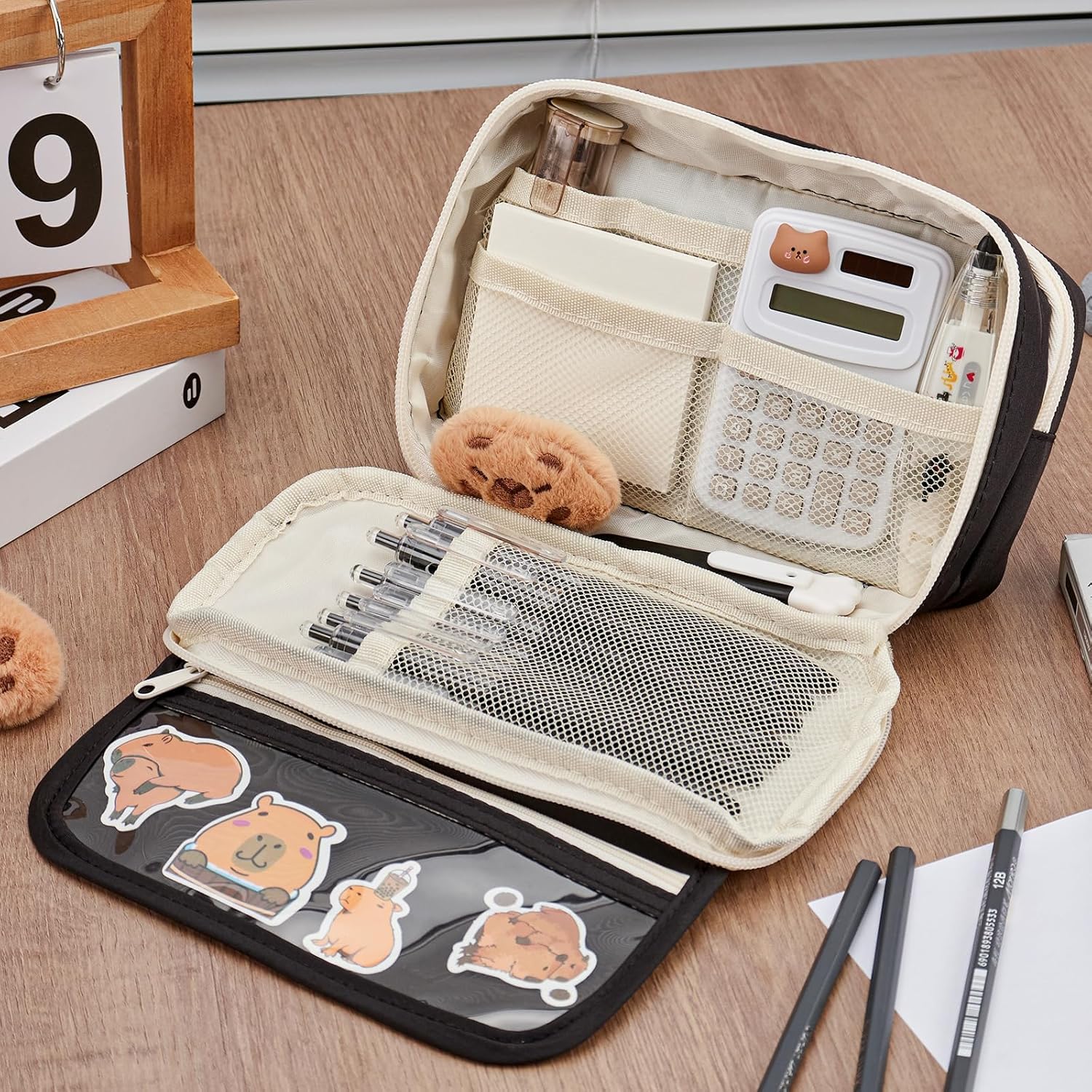 ZIBUYU Student Pencil Pouch for School and Office with Multi Layer Mesh Pockets Black 2 PCS