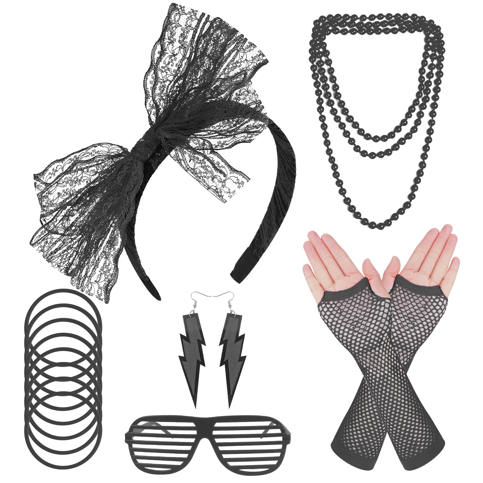 PALAY 80s Fancy Dressing Set, Theme Party 80s Costume Accessories for Women, Last Century Lace Headband Fishnet Gloves Earrings Necklace Neon Bracelet Set for Retro Dress Disco Party (Black)