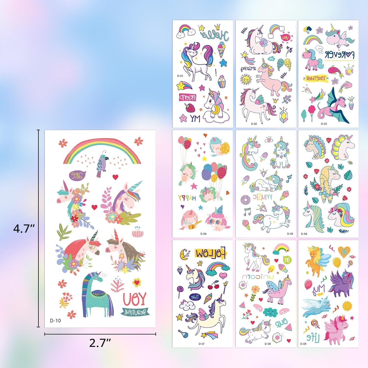 MAYCREATE Temporary Tattoo Stickers for Kids Girls 10 Sheets Waterproof Unicorn Designs | Safe for Parties and Festivals