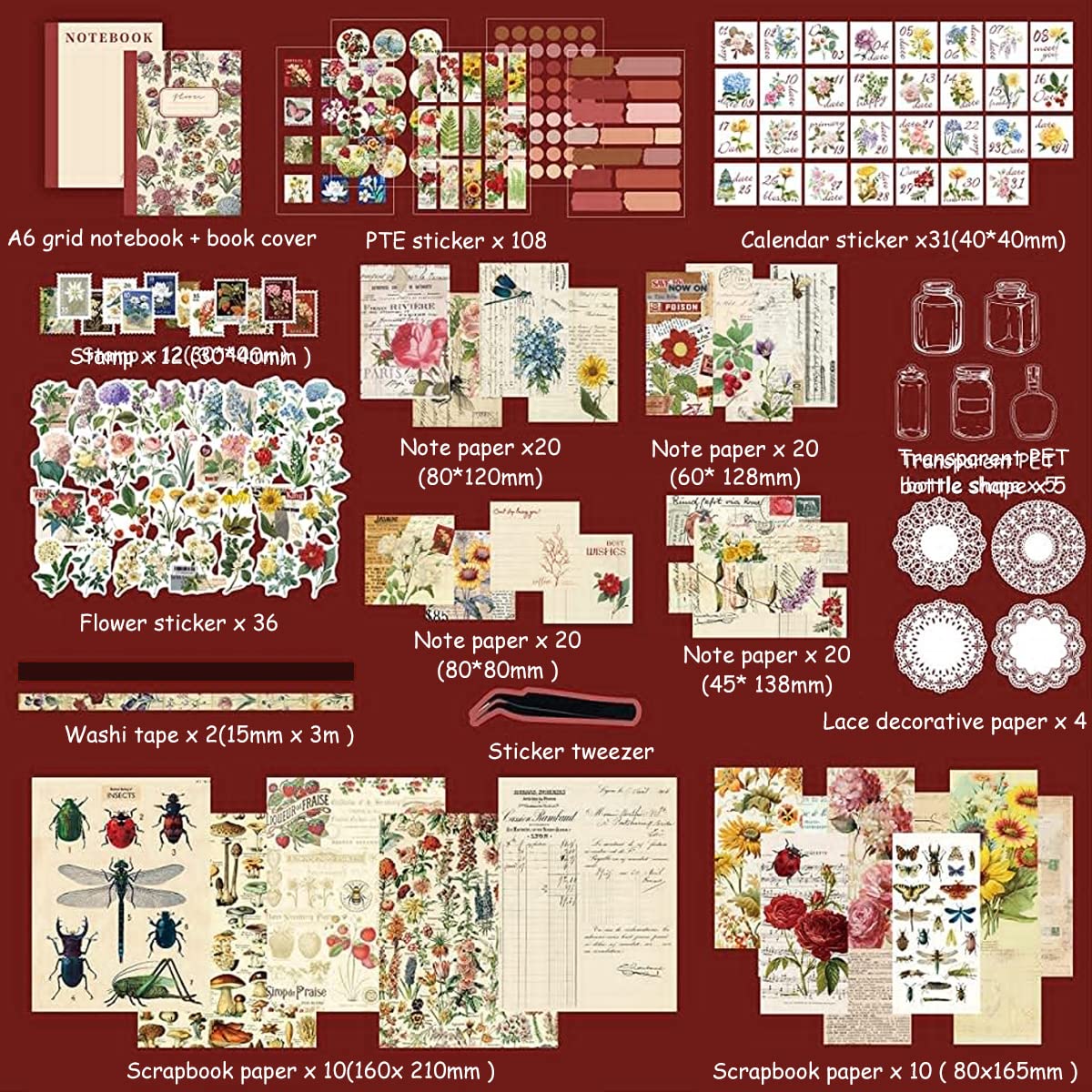 HASTHIP® 270Pcs Journal Supplies Kit, Vintage Scrapbook Stickers, Aesthetic Scrapbooking Supplies Kit, Flowers Bullet Junk Journal Kit with Tweezers, A6 Grid Notebook, Birthday Gift for Girl Women