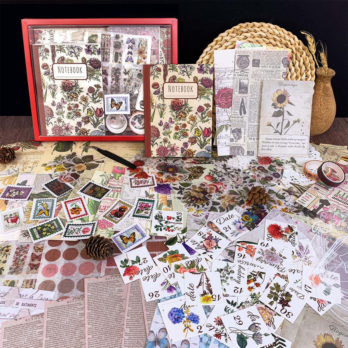 HASTHIP® 270Pcs Journal Supplies Kit, Vintage Scrapbook Stickers, Aesthetic Scrapbooking Supplies Kit, Flowers Bullet Junk Journal Kit with Tweezers, A6 Grid Notebook, Birthday Gift for Girl Women