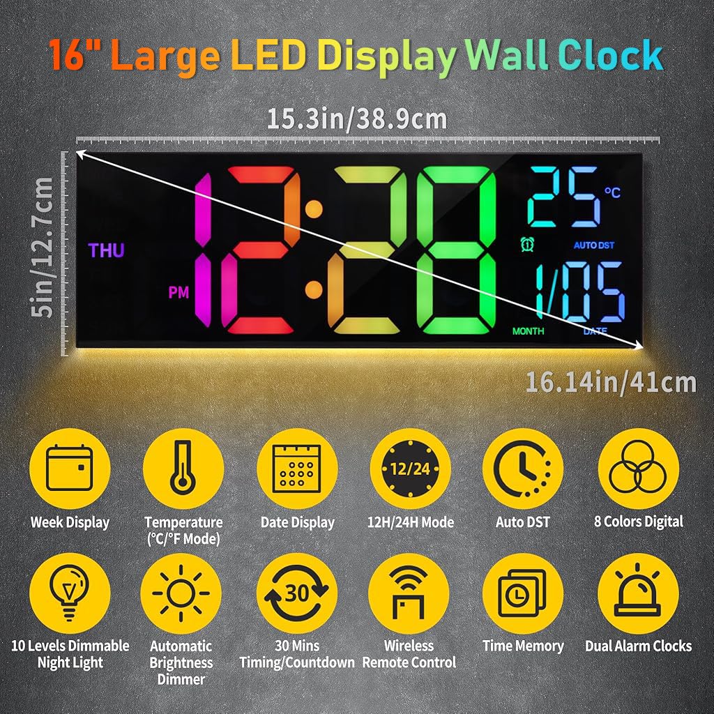 HASTHIP LED Digital Wall Clock for Home and Office with Remote Control | 16 inch 8 Color Display