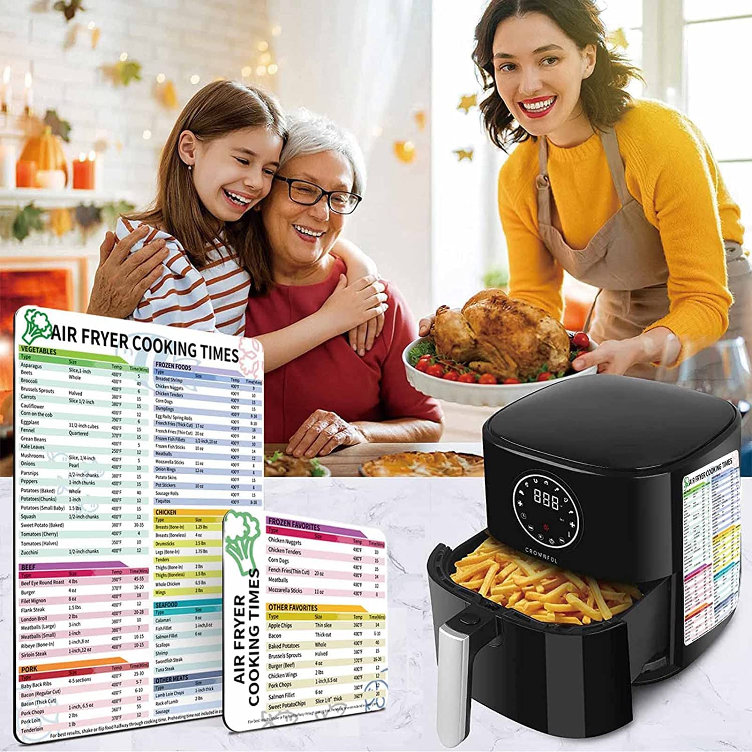 Supvox Air Fryer Magnetic Cheat Sheet, Air Fryer Cook Times Guide, Time-Temperature Reference Sheet, Cooking Time Guide for Various Dishes (White)