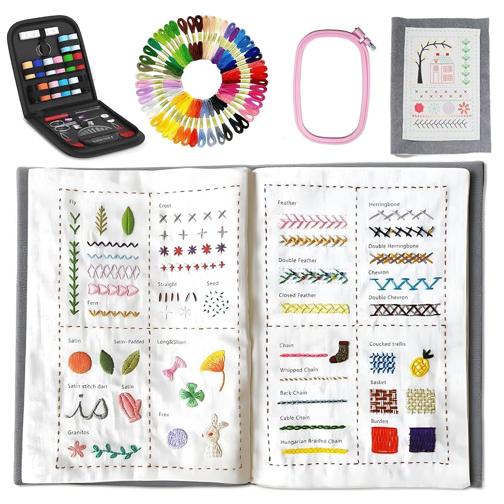 HASTHIP® DIY Stitch Book with Sewing Kit, Hand Sewing Book Portable Embroidery Stitch Books, Embroidery Books of Stitches for Enthusiasts and Beginners Adult