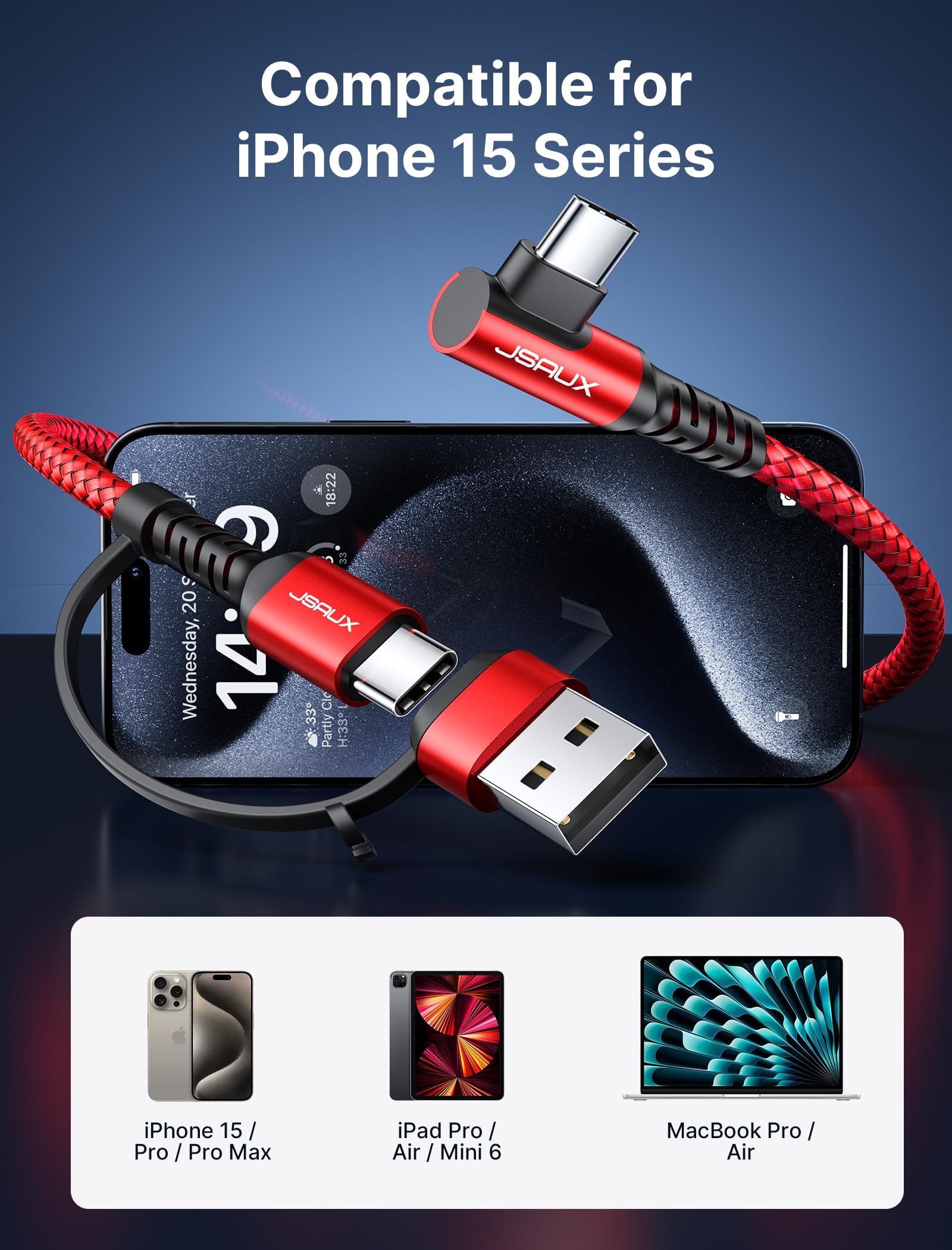 JSAUX USB C Cable for Fast Charging 10FT 100W with Right Angle Connector | Nylon Braided