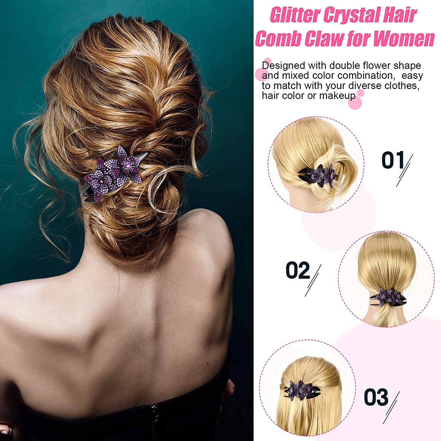 PALAY Purple Dovetail Hair Clips for Elegant Hairstyles with Rhinestone Floral Design | Ideal for Weddings and Daily Wear