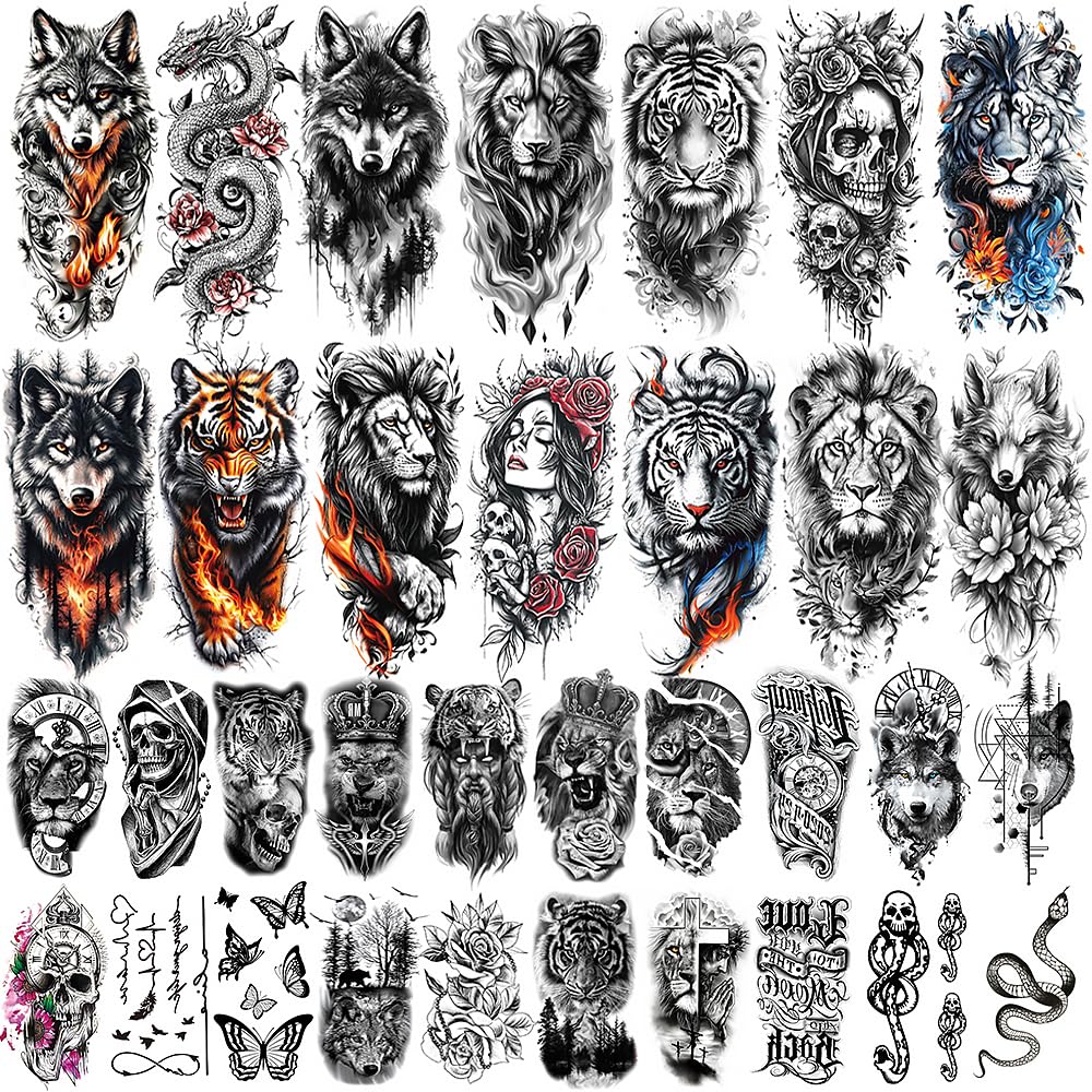 MAYCREATE Temporary Tattoo Stickers for Men with 34 Waterproof Sheets | Beast Arm Designs