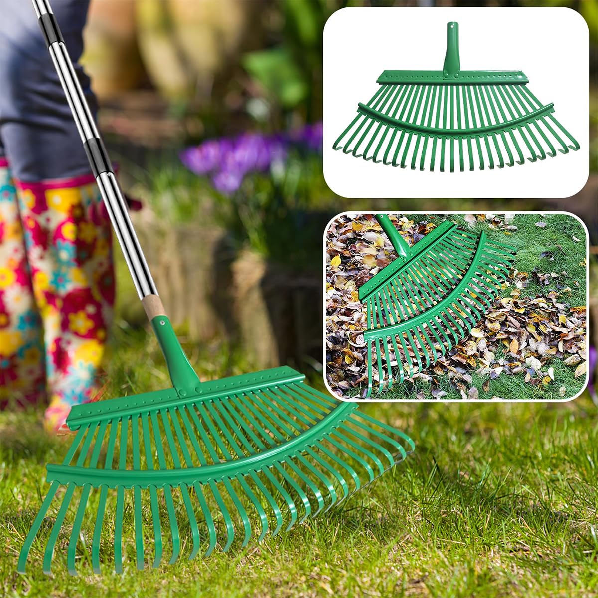 HASTHIP Leaf Rake for Backyard with 25 Curved Steel Teeth and 55 in Detachable Handle | Stainless Steel Lawn Tool