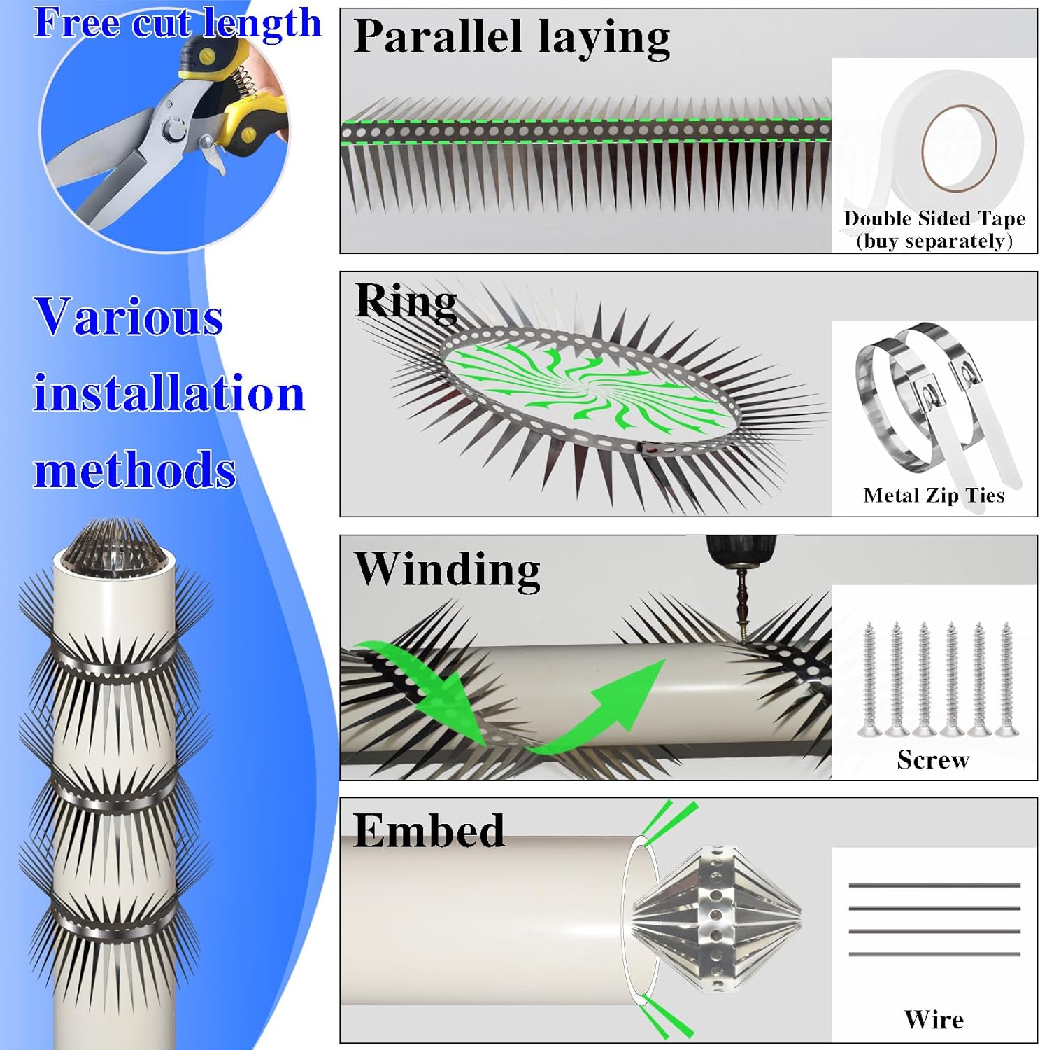 HASTHIP® Outdoor Bird Deterrent Spikes 100CM Collapsible Double Row Stainless Steel Anti-Rat Crawling Repel Birds Rodents Keep Away Pipe Facade Parapet 2PCS