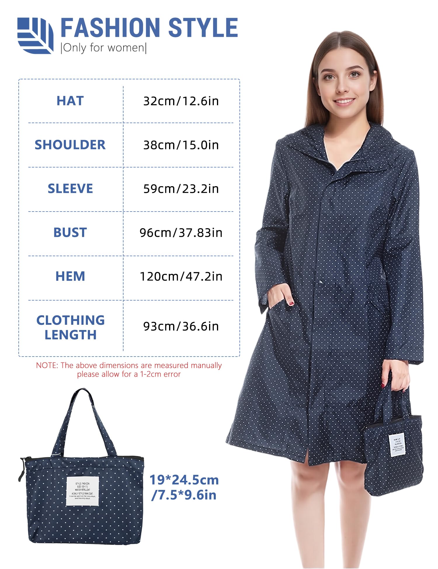 Venzina Raincoat for Women with Hood and Snap Button Front featuring Polka Dot Design | Waterproof Nylon Knee Length Jacket in Navy Blue