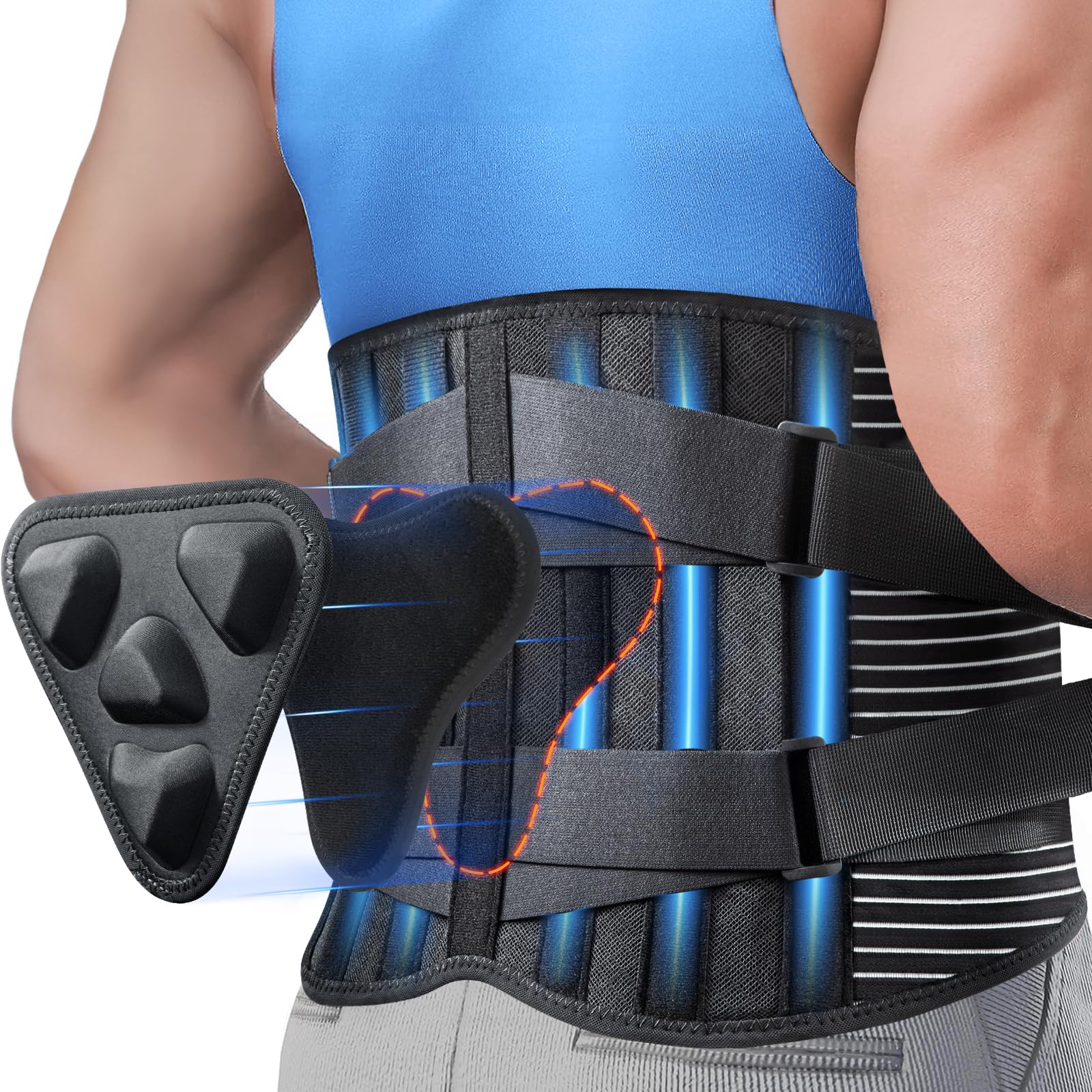 HANNEA® Back Brace for Lower Back Pain Relief with 3D Lumbar Pad,6X Support Belt With Alternative Strips for Men/Women