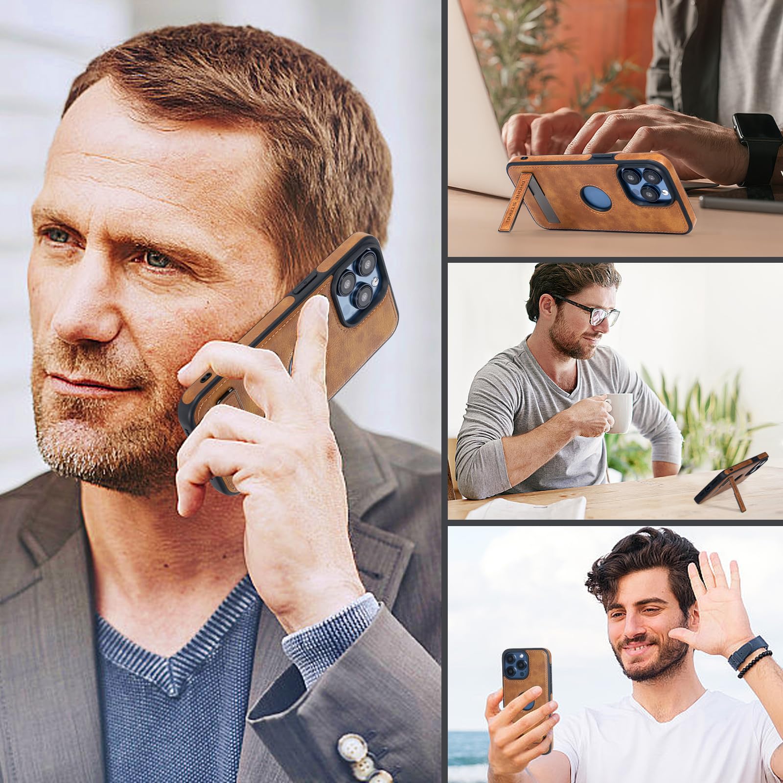 Zeitel Phone Case for iPhone 15 Pro Max with Metal Kickstand and Camera Guard | Brown PU Leather 6.7 in Cover