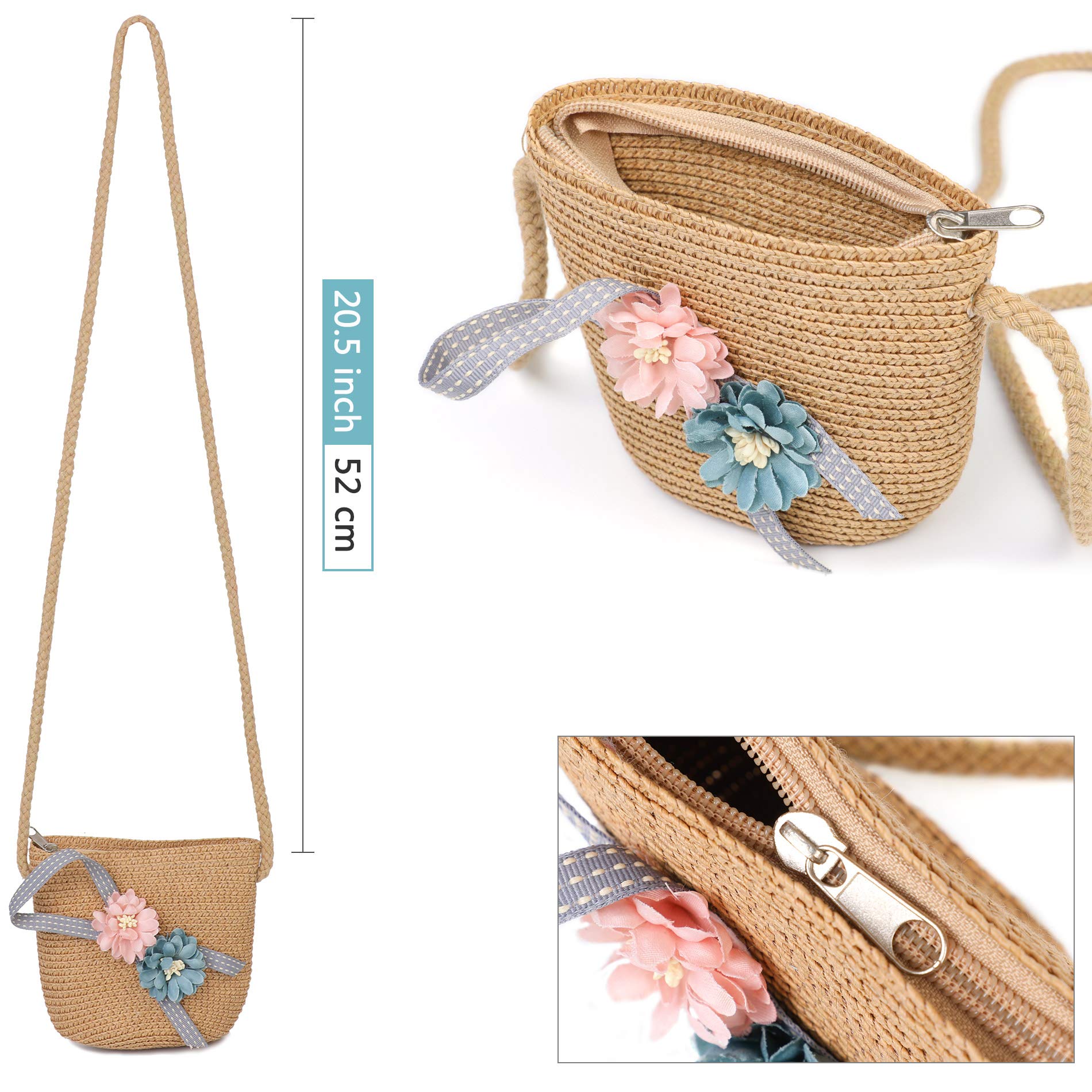 PALAY Girls Straw Beach Hat for Outdoor Travel with Matched Straw Bag in Coffee | 19-20.5 in Head Circumference