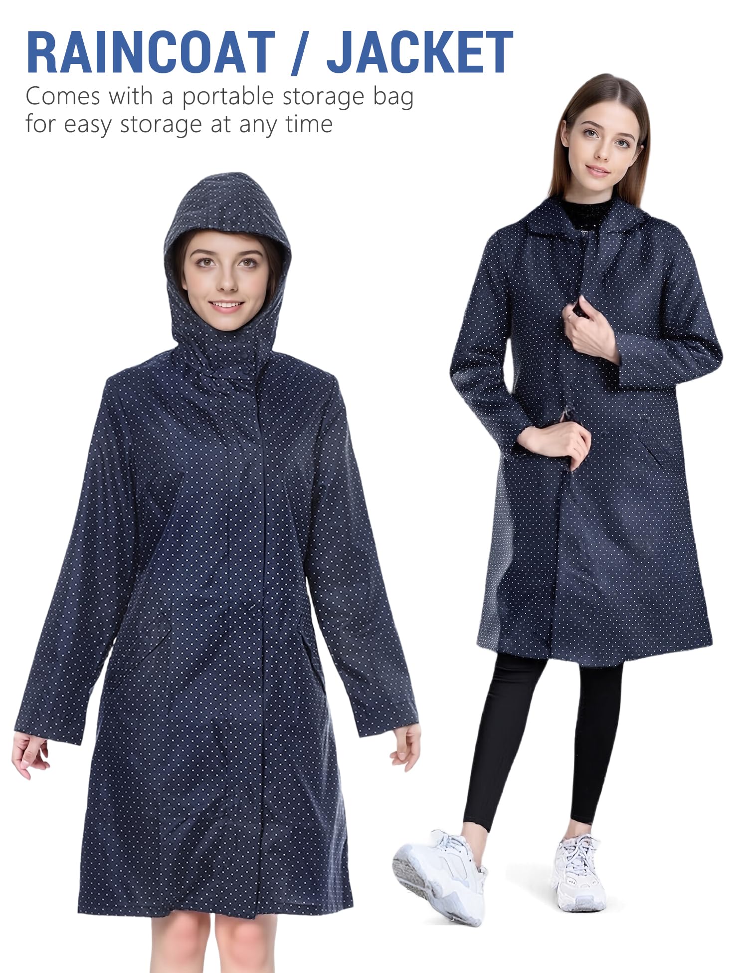 Venzina Raincoat for Women with Hood and Snap Button Front featuring Polka Dot Design | Waterproof Nylon Knee Length Jacket in Navy Blue