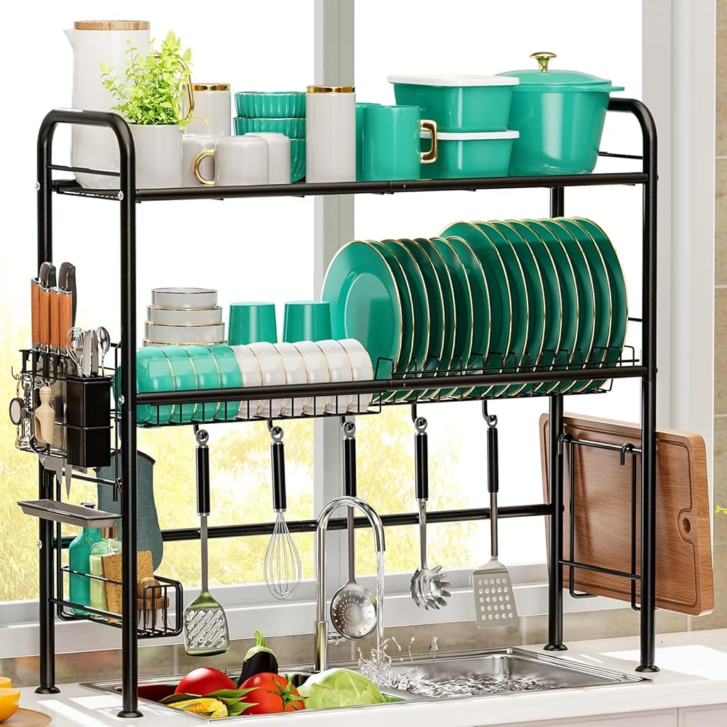 HASTHIP Kitchenware Storage Rack Stainless Steel Over The Sink Kitchen Organizer Double Layer Cup Holder Dish Drainer Rack Kitchen Organizer, 33.5x10x31.9inches