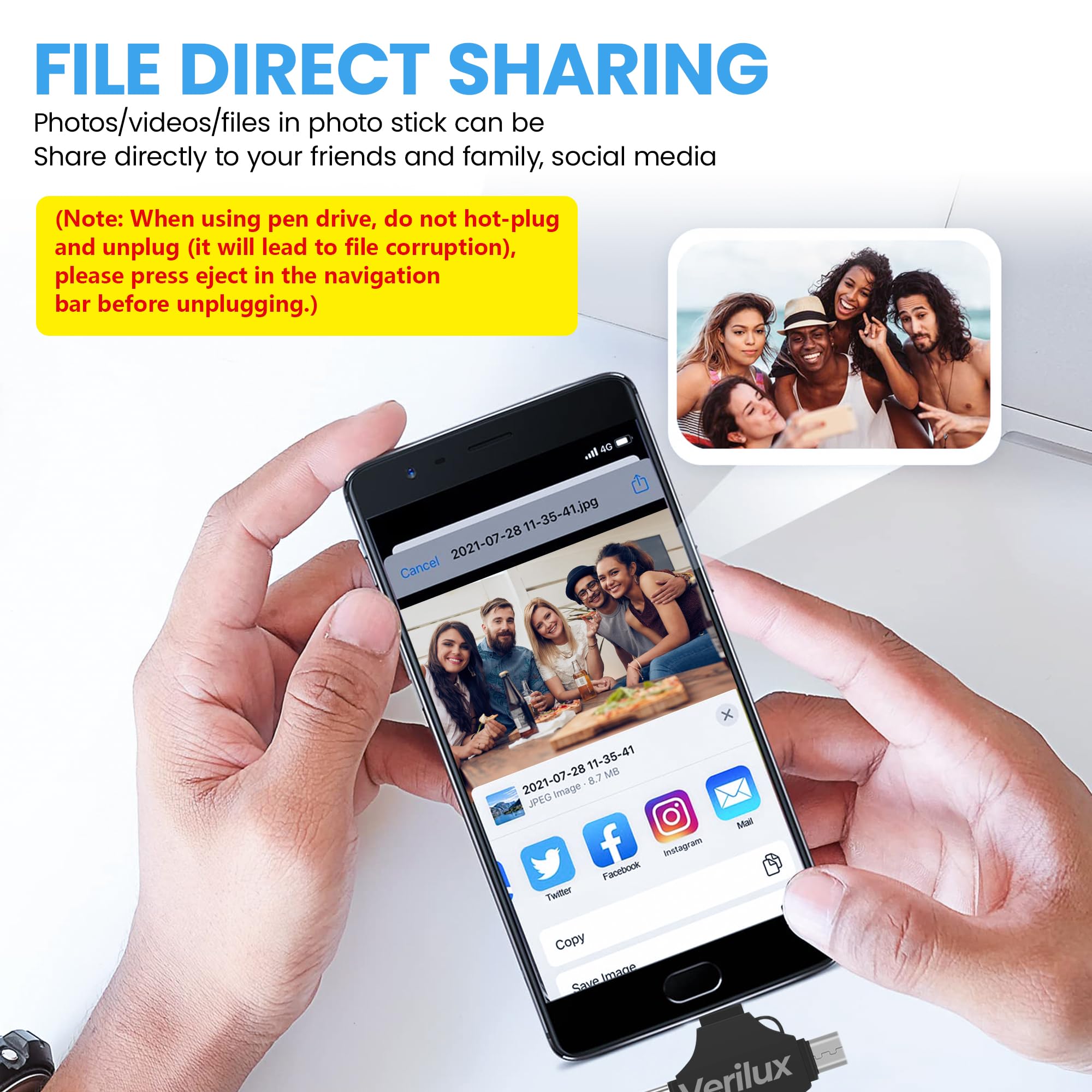 Verilux Pendrive 256GB for iPhone and Android featuring 4 in 1 USB A Type C ports | Black