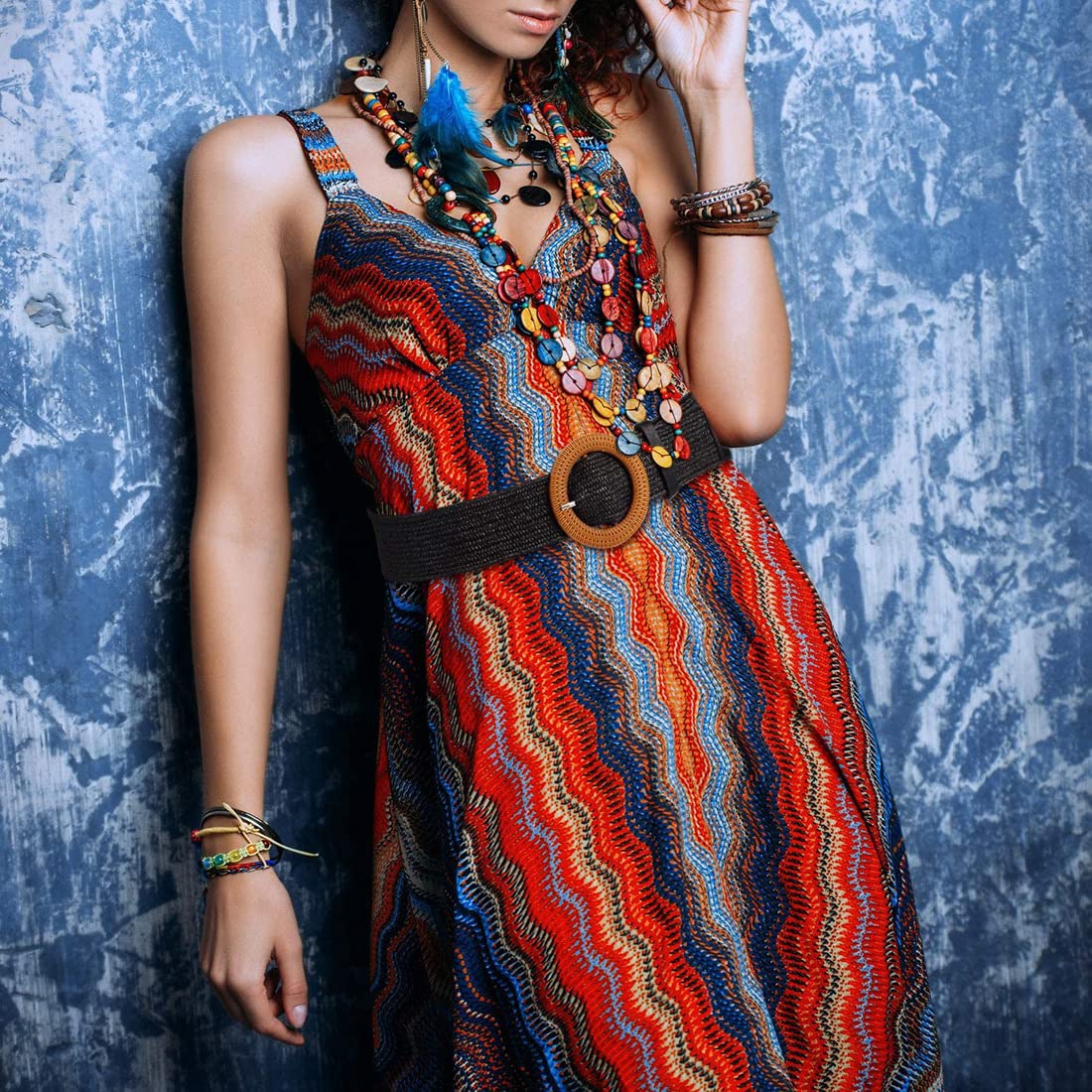 Zibuyu Waist Belt for Women and Girls Dresses featuring 1.77 in Straw Woven Design | Adjustable Round Wooden Buckle