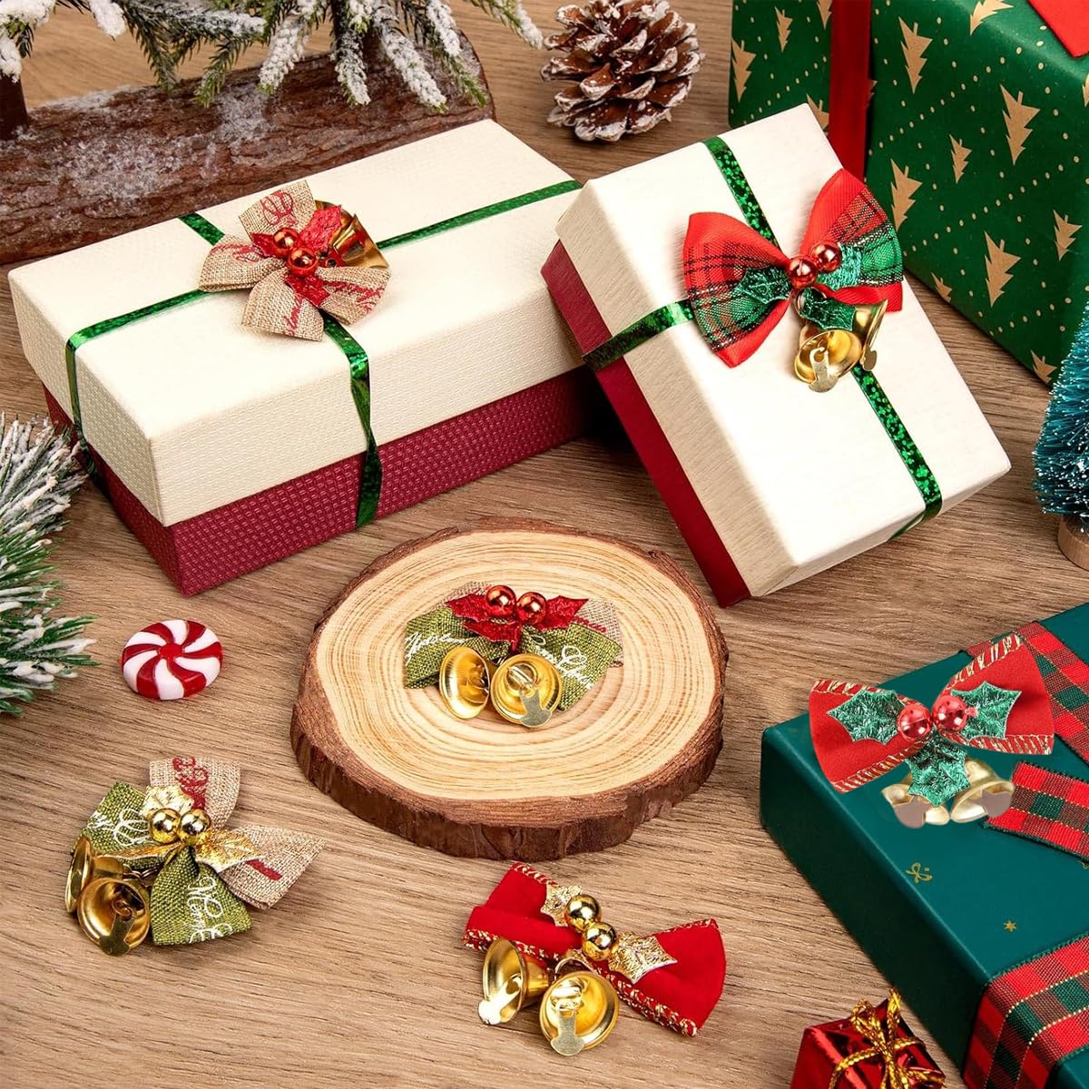 HASTHIP Christmas Bows with Bells for Tree and Gift Decor featuring Linen Ribbon | 8PCS