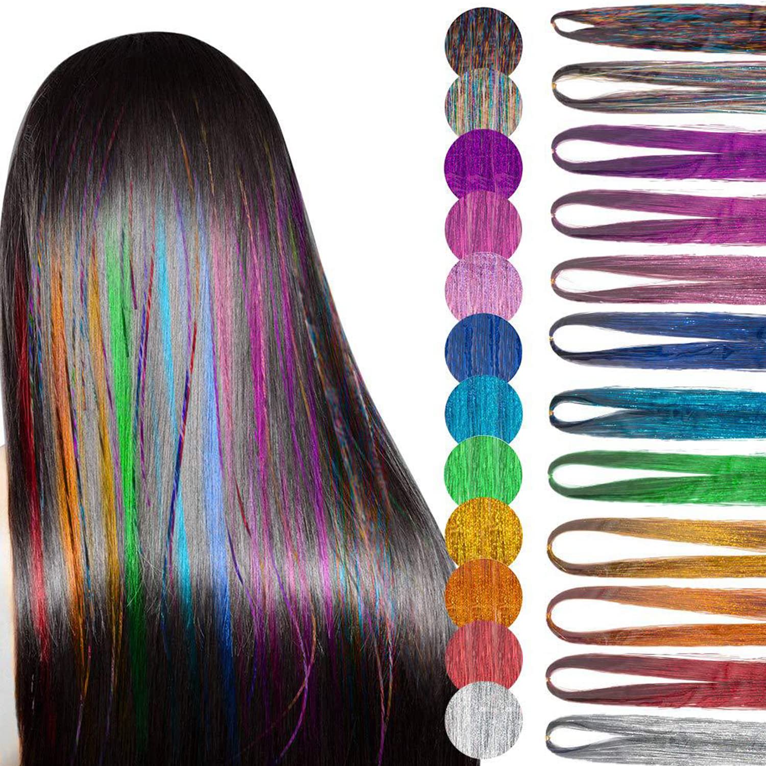 MAYCREATE Tinsel Hair Extensions for Party Styling with Tools and 47 in 12 Color Set | 2400 Strands