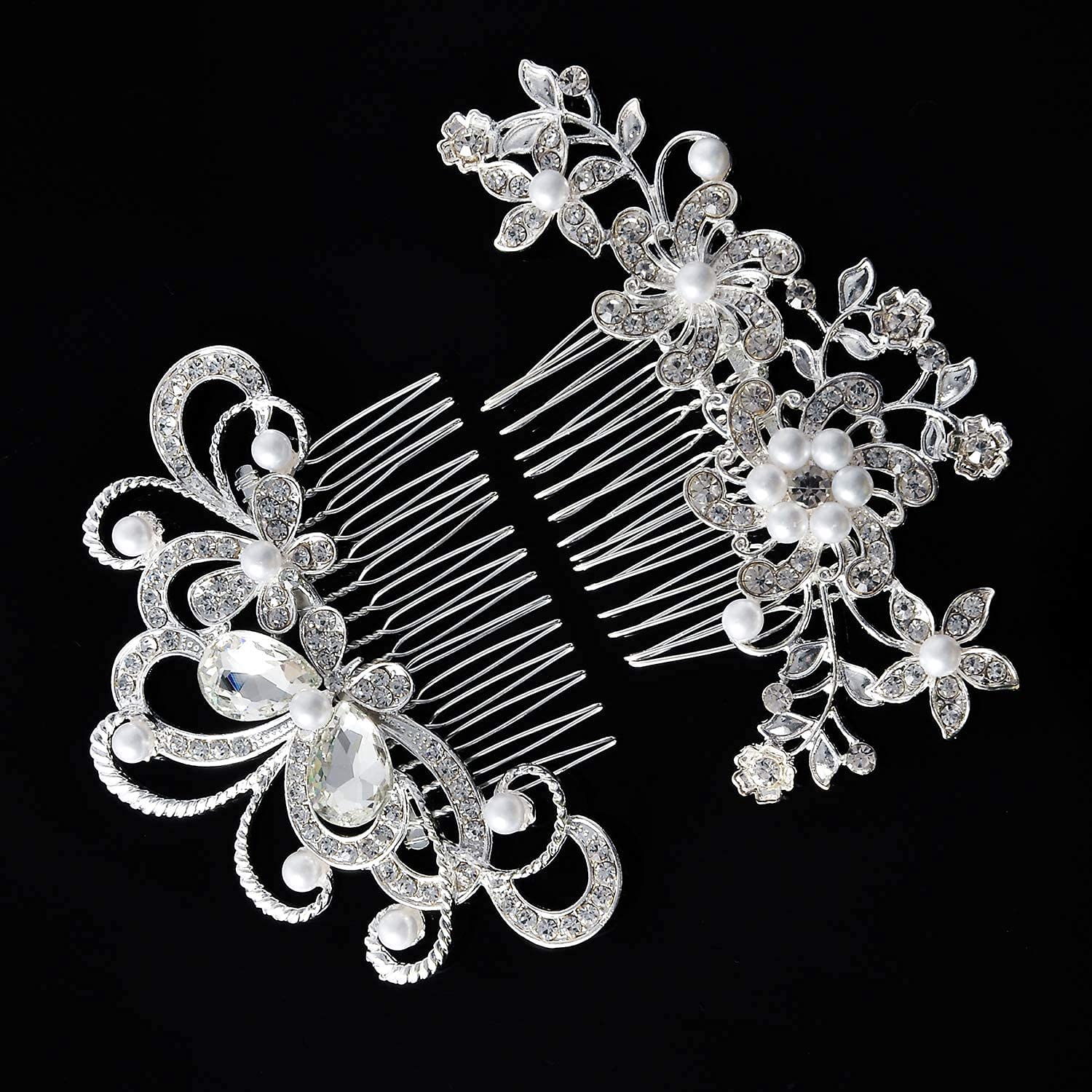 PALAY® 2 Pcs Bridal Hair Clips-Dainty Flowered Headpiece White Cream Flower Beads Hair Comb Vintage Crystals Hair Comb Hair Accessory for Women & Girls