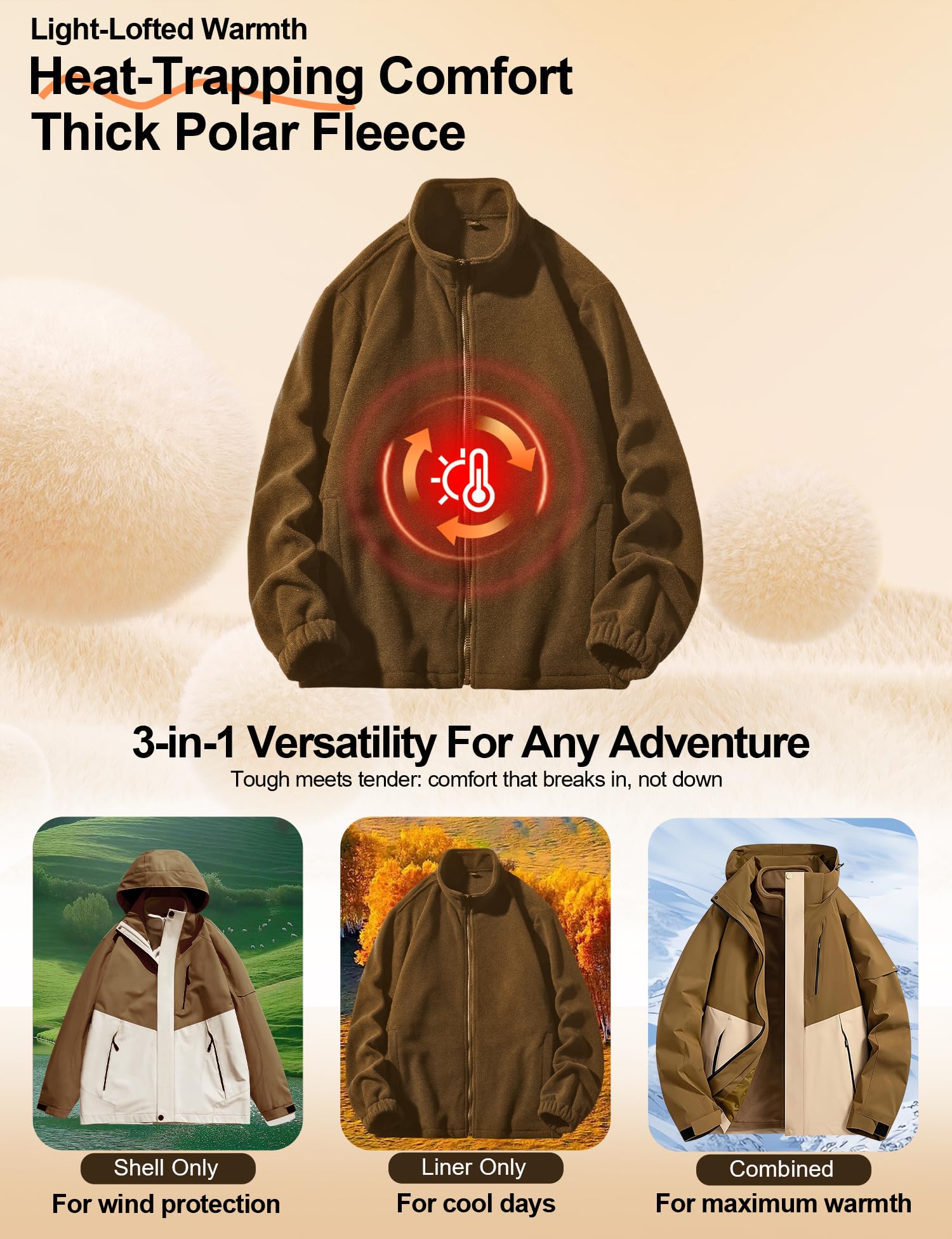 Venzina Women’s 3 in 1 Waterproof Jacket for Winter Hiking with Detachable Fleece Liner | Army Brown