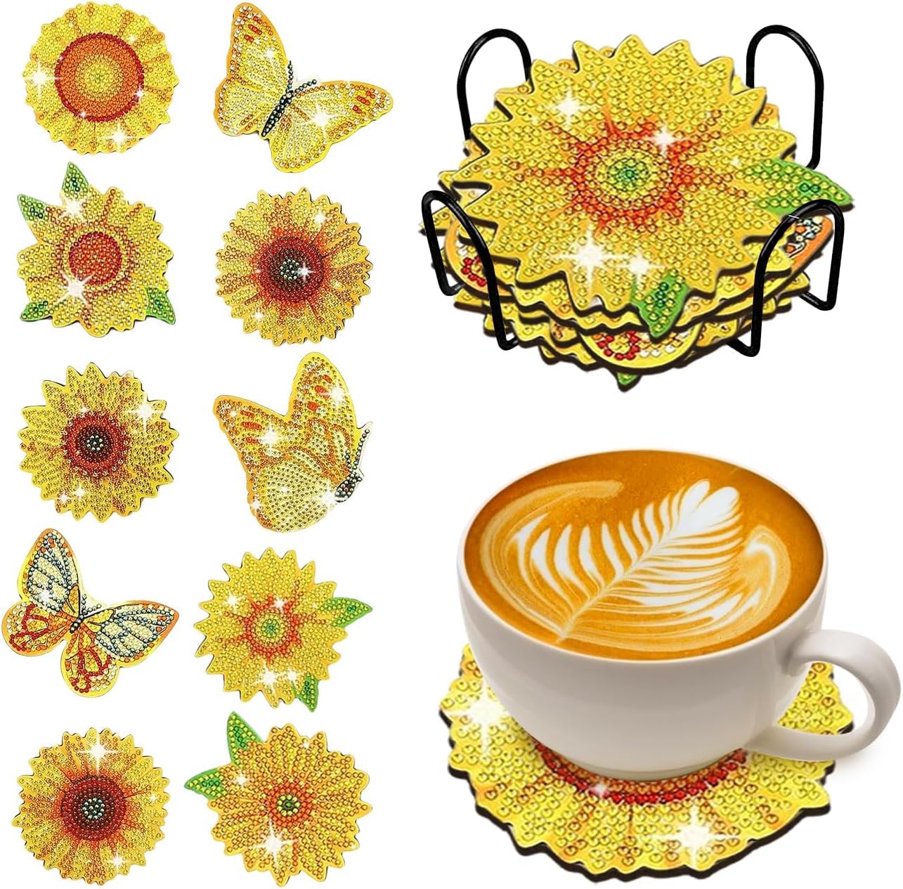 HASTHIP® 10Pcs Sunflower Diamond Painting Coasters with Holder, 5D Full Drill DIY Spring Diamond Art Coaster Acrylic Round Coaster for Beginners Adults and Kids Art Craft Supplies, Style  E