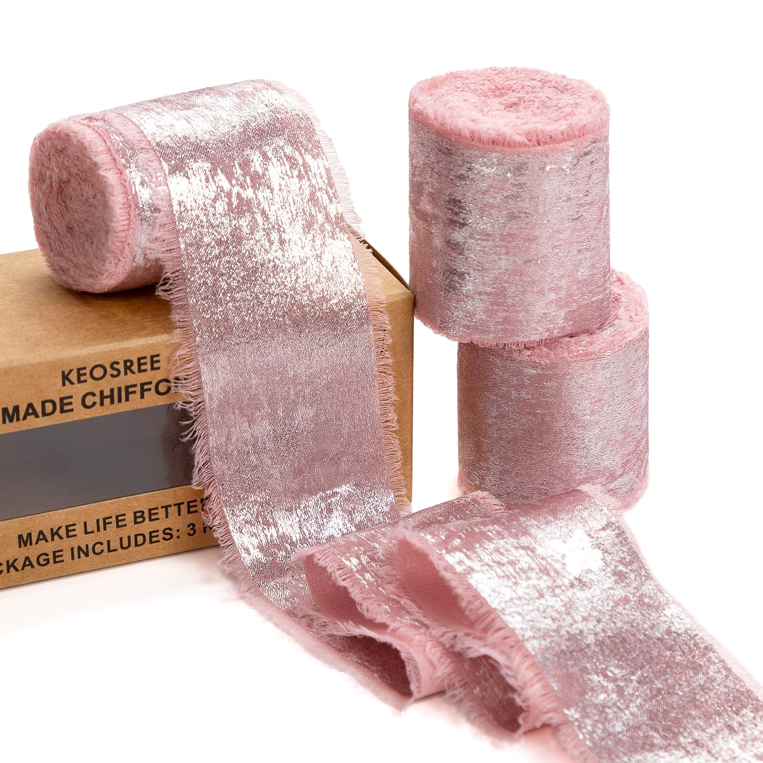 HASTHIP® 1 Roll Chiffon Fringe Ribbon, 1.7''x4.9 Yard Per Roll Metallic Glossing Silk Ribbons Set for DIY Craft, Wedding, Party, Decoration, Bridal Bouquets, Gifts Wrapping