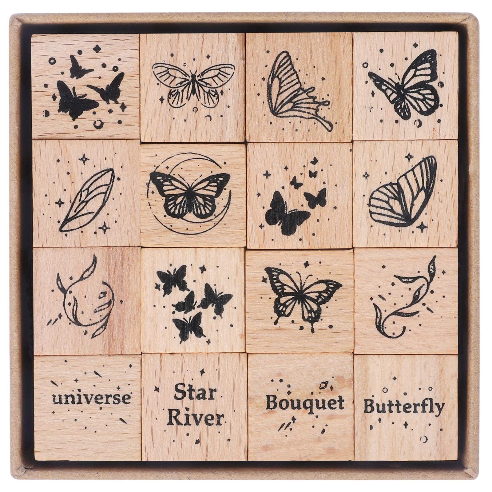 HASTHIP 16Pcs Vintage Wooden Rubber Stamps, Butterfly & Wings Decorative Stamp for Arts and Crafts, Journals, Card Making, Scrapbooking, Invitations