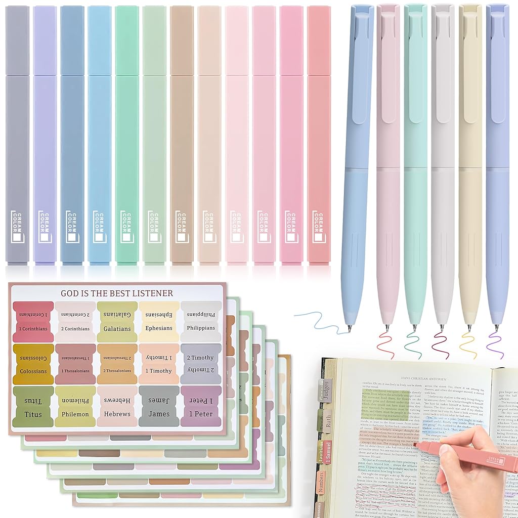 Climberty® Bible Highlighter Marker and Pens No Bleed, Aesthetic Cute Stationery Items with 90Pcs Colored Bible Index Tabs, 12 Highlighters & 6 Colors Pens Bible Study Kit Gift for Christians