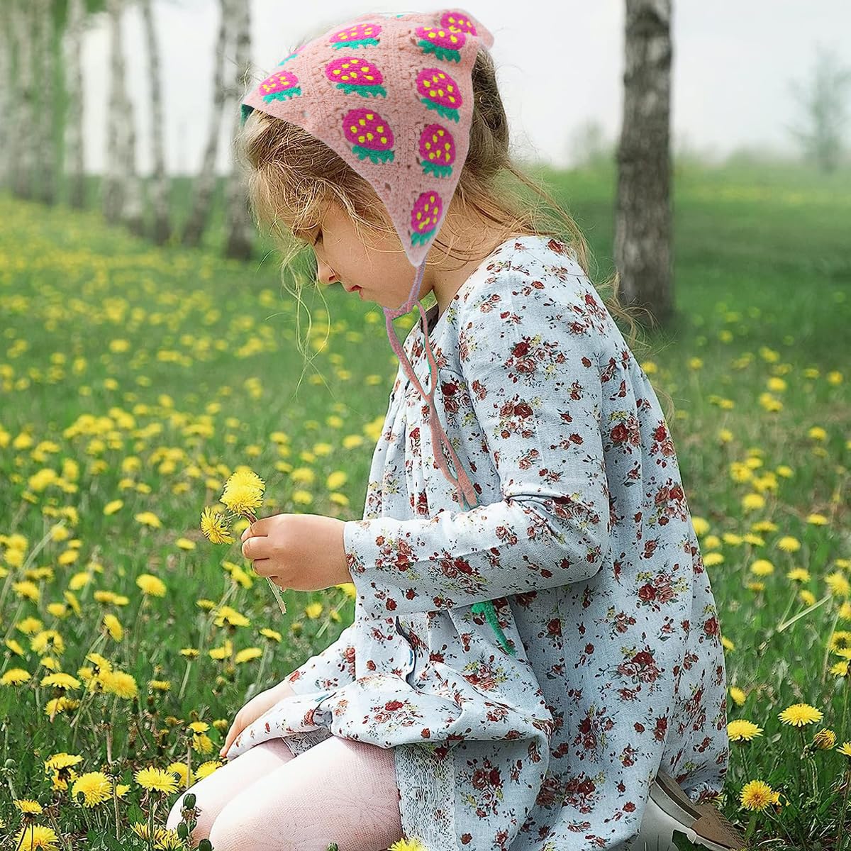 PALAY Crochet Headscarf for Women featuring Strawberry Pattern | 2 Pack 52×23 cm Vintage Style