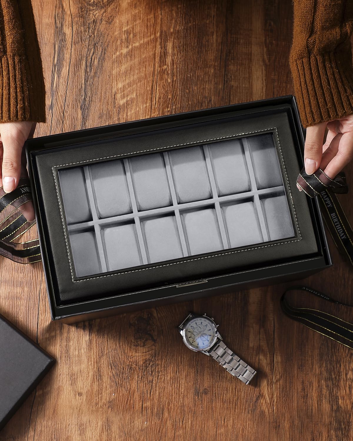 ZIBUYU Men's Jewelry Box Wooden PU Watch Storage Organizer 12-Grid Double Layer Watch Organizer Holder with Pillows Stylish Men Jewelry Box Organizer for Bracelet, Necklace, Rings, Ear Studs, Watches