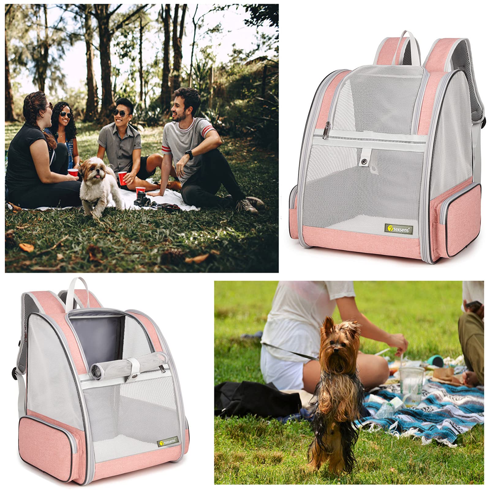 ZIBUYU Cat Carrier Backpack for Travel with Hidden Expandable Rear Space 15.2×11.4×16.5 in | Pink Breathable Mesh Design for Small Pets