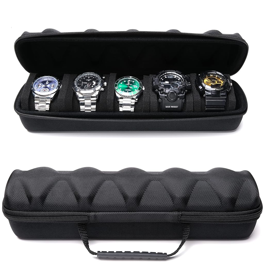 ZIBUYU® 5 slots Hard men's watch travel case, Portable zipper storage organizer box with soft compressible foam pillow to fit large and small watches