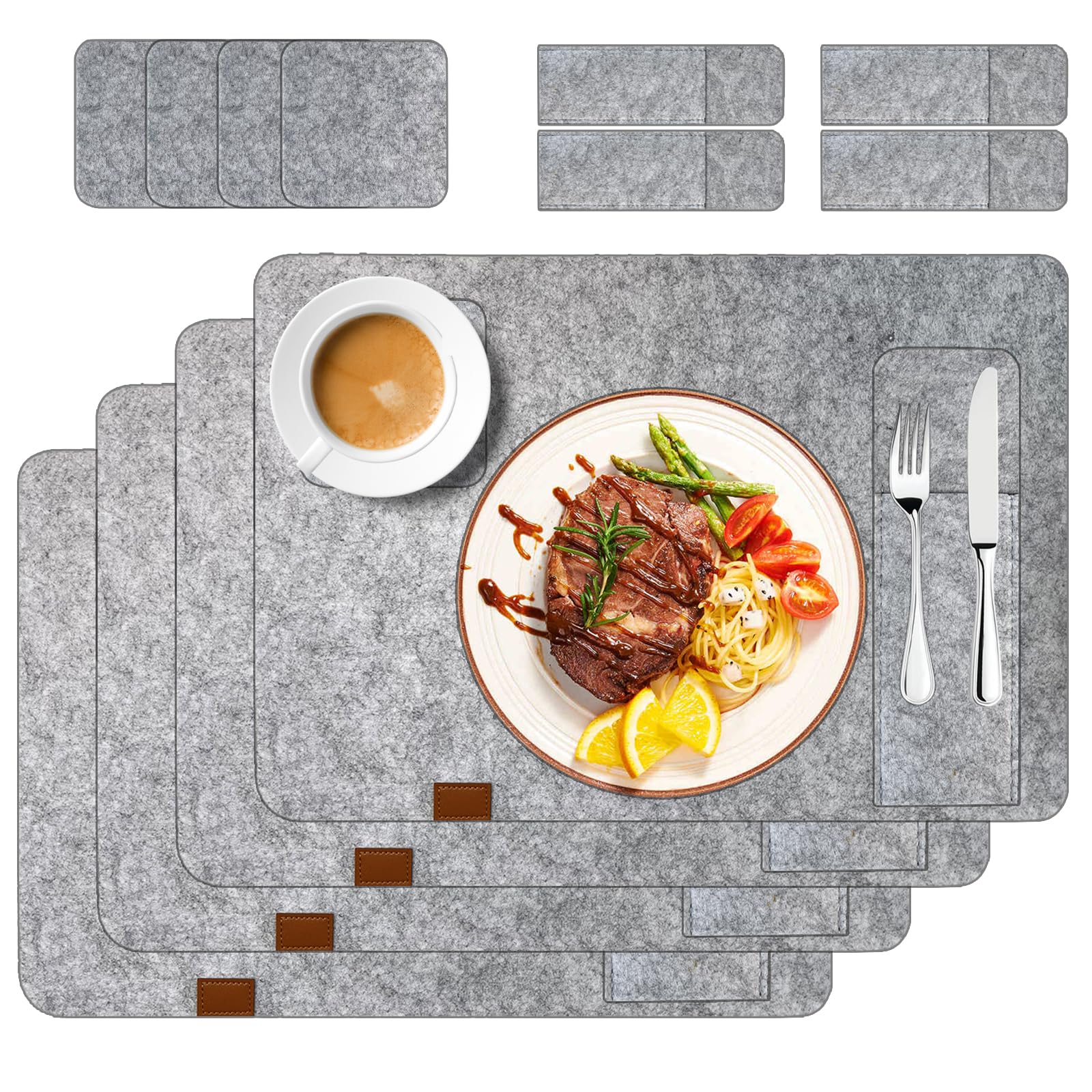 HASTHIP® Placemats Set of 4 Felt Table Mats Coasters Cutlery Bags Heat-Resistant Washable Wipeable Non-Slip Place Mats for Kitchen Dining Home (Light Grey)