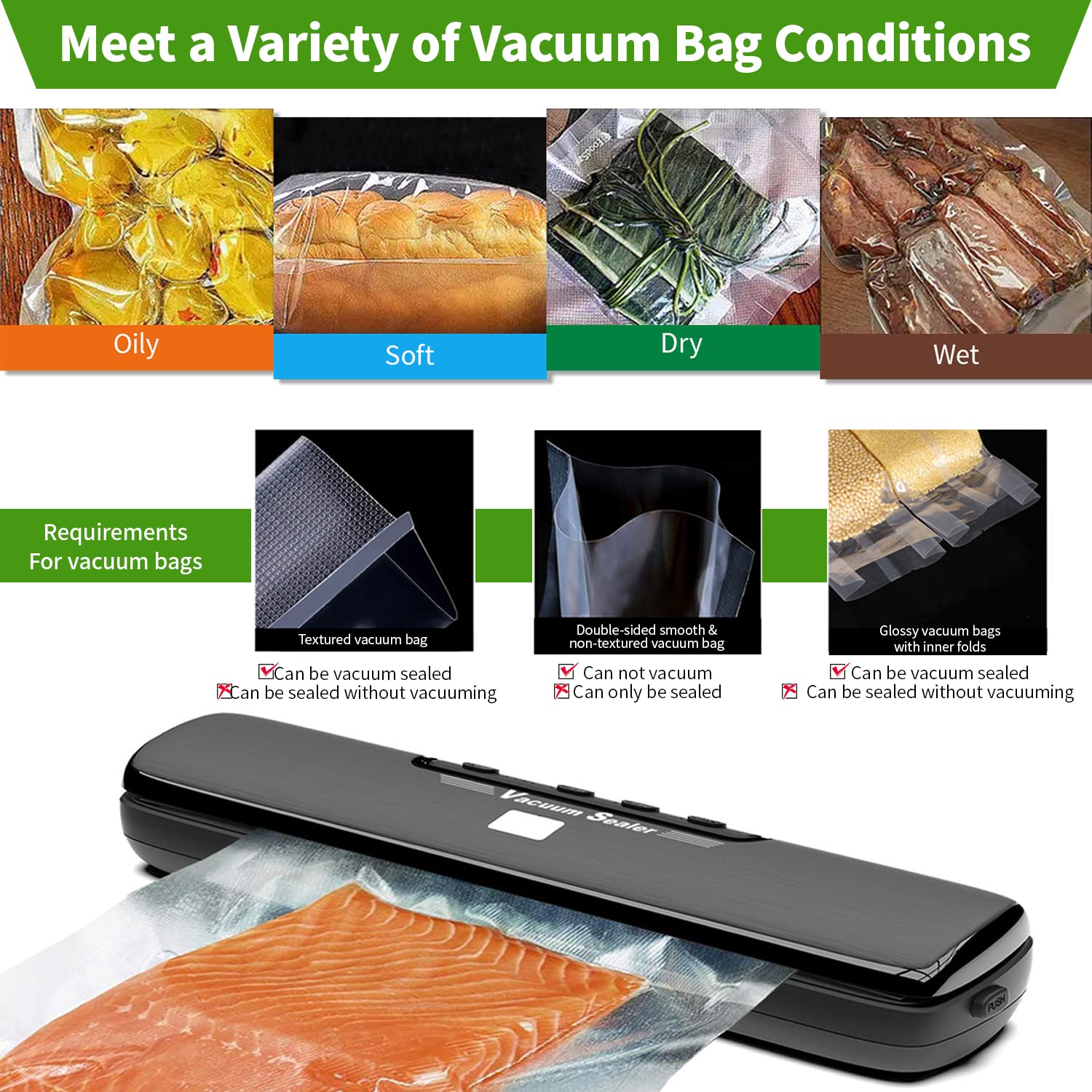 Supvox® Vacuum Sealer Full Automatic Food Sealing Machine with Manual Vacuum Dry & Moist Food Modes, Compact Food Vacuum Sealer with 10 BPA-Free Seal Bags for Meat, Vegetable