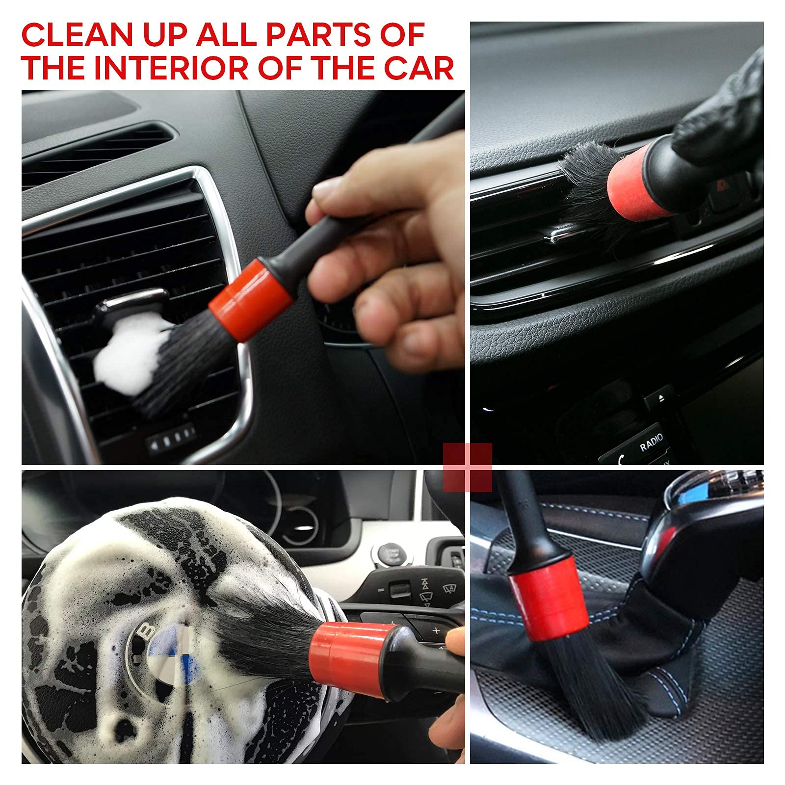 STHIRA Car Cleaning Brush Kit for Interior and Exterior Detailing with 15 Pcs Tools featuring Non Slip Handles and Boar Hair Bristles