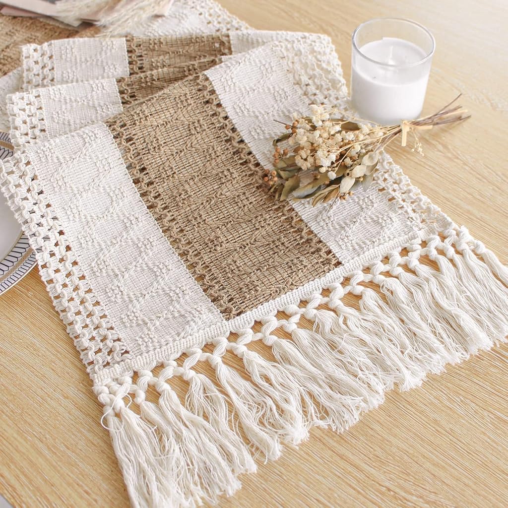 HASTHIP® Table Runner for Summer Home Decor with Tassels 72 Inches Long Farmhouse Rustic Table Runner Macrame Burlap Decoration for Living Room Bridal Shower(12x72 Inches)