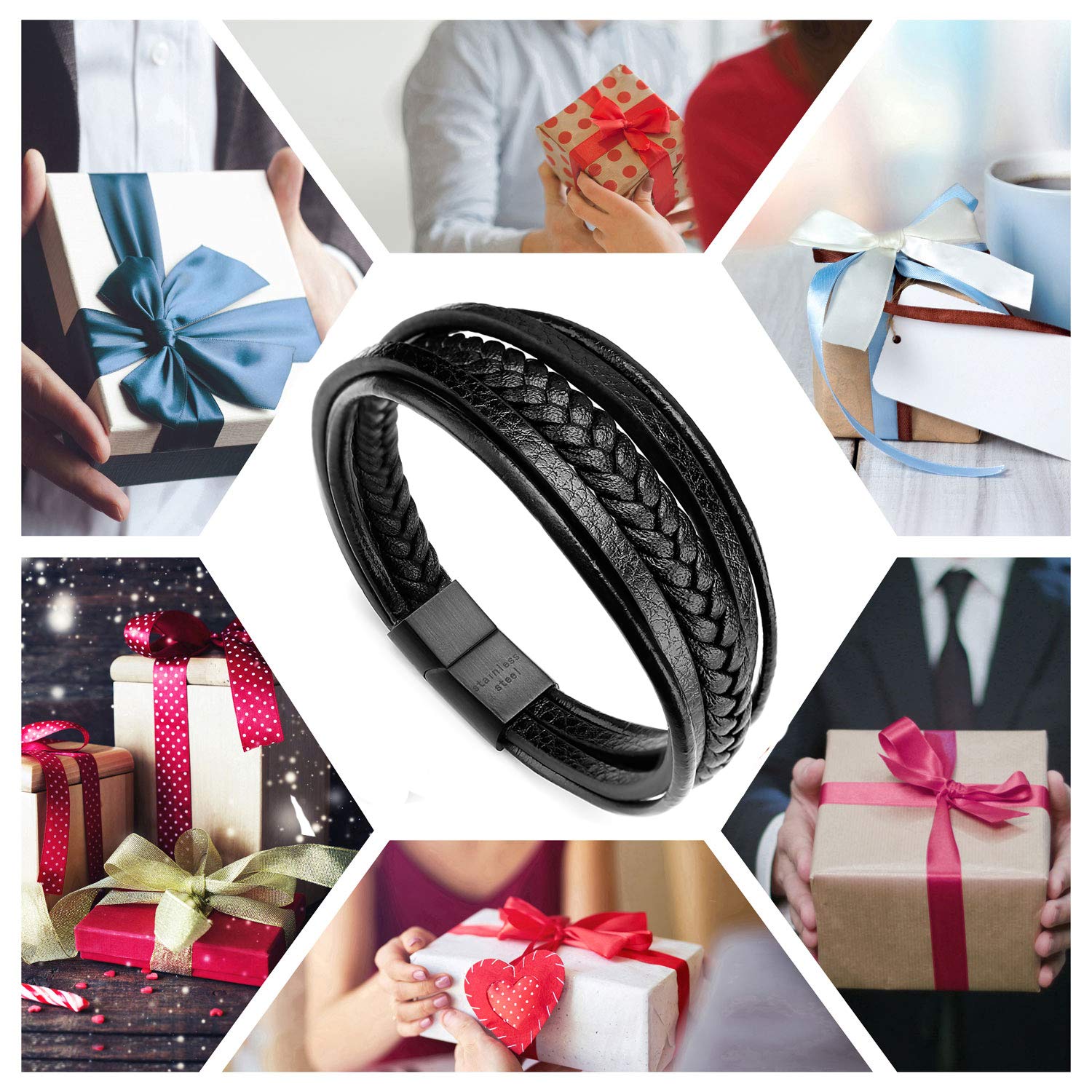 ZIBUYU Braided Leather Bracelet for Men Classic Multilayer Leather Hoop Bracelet Leather Bracelet with Alloy Clasp Fashion Piece Bracelet for Women Men Black Leather Hoop Bracelet