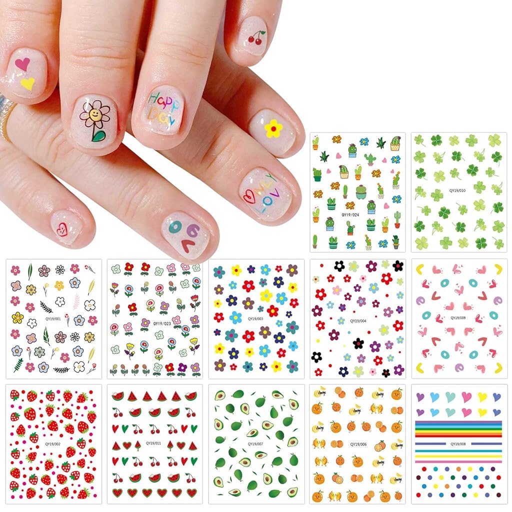 MAYCREATE® 12 Sheets Nail Stickers for Kids, Cute Nail Decorations for Nail Art, 3D Self-Adhesive Fruits Flowers Leaves Rainbow Hearts Nail Decals for Little Girls Women Nail Art Decoration