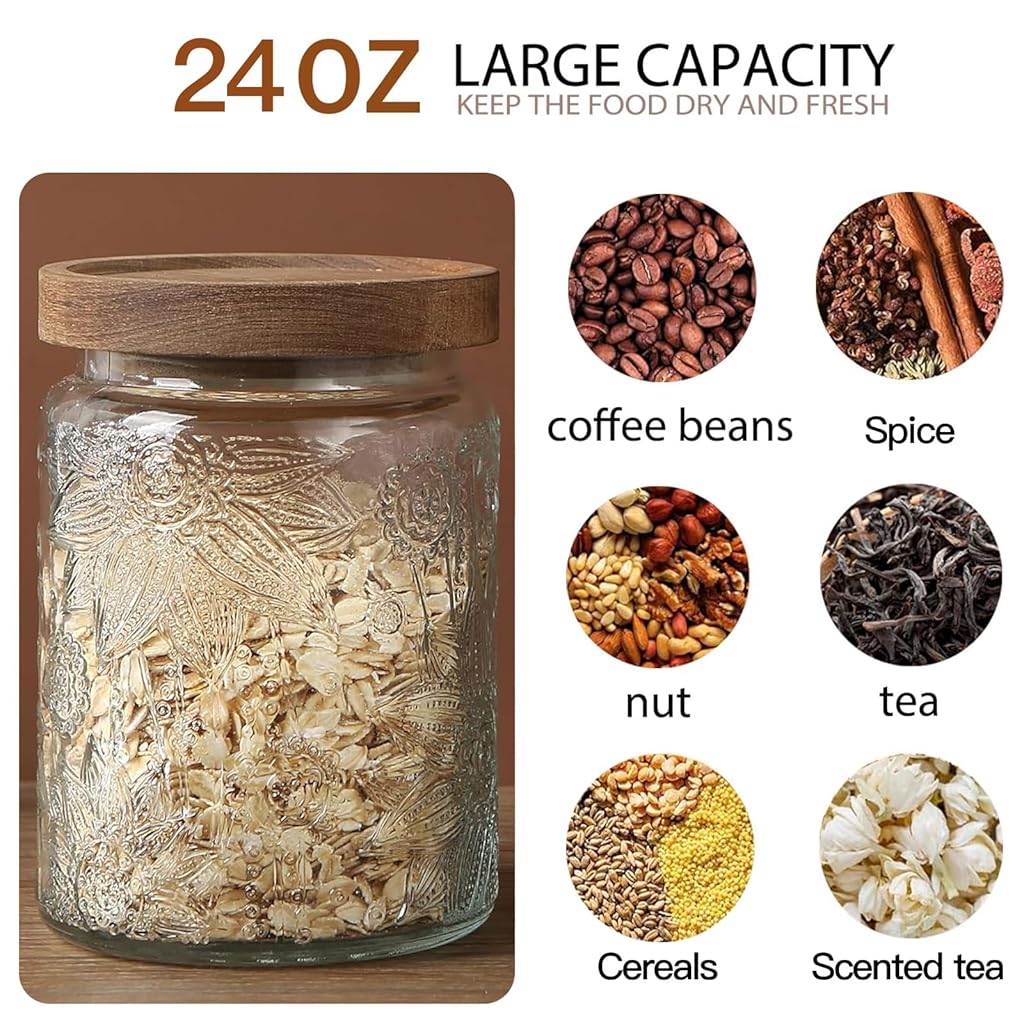 HASTHIP® 24 OZ Airtight Glass Storage Jar with Bamboo Lid - for Kitchen Counter & Pantry - Ideal for Sugar, Flour, Coffee, Tea, Candy, Oats, Cereal