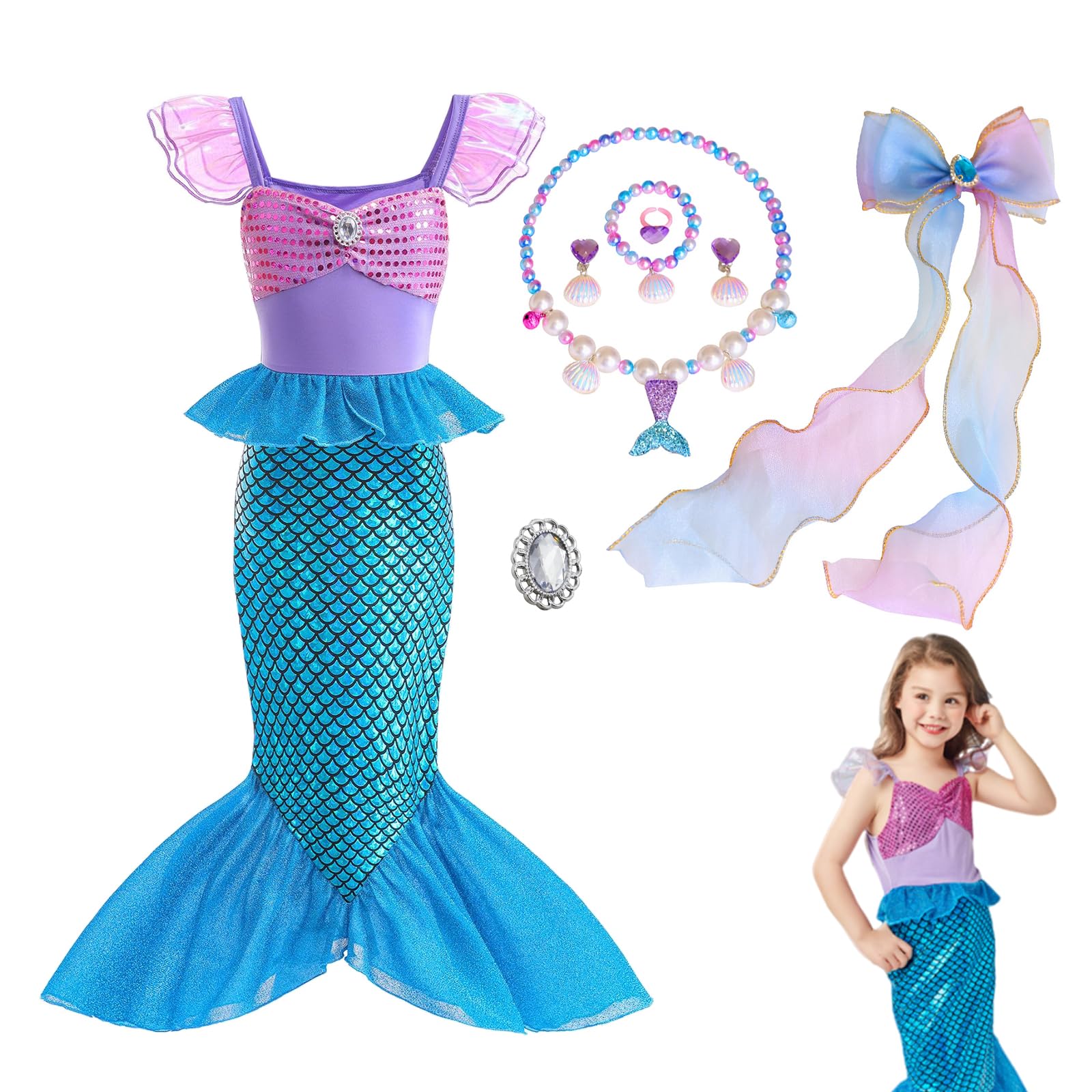PATPAT Mermaid Dress for Girls - Little Mermaid Costume for Girls with Matching Jewelry & Hair Clip Mermaid Dress Princess Dresses for Girls 6-7 Years Gift Birthday Party (Suggested for 15-20kg Girls)