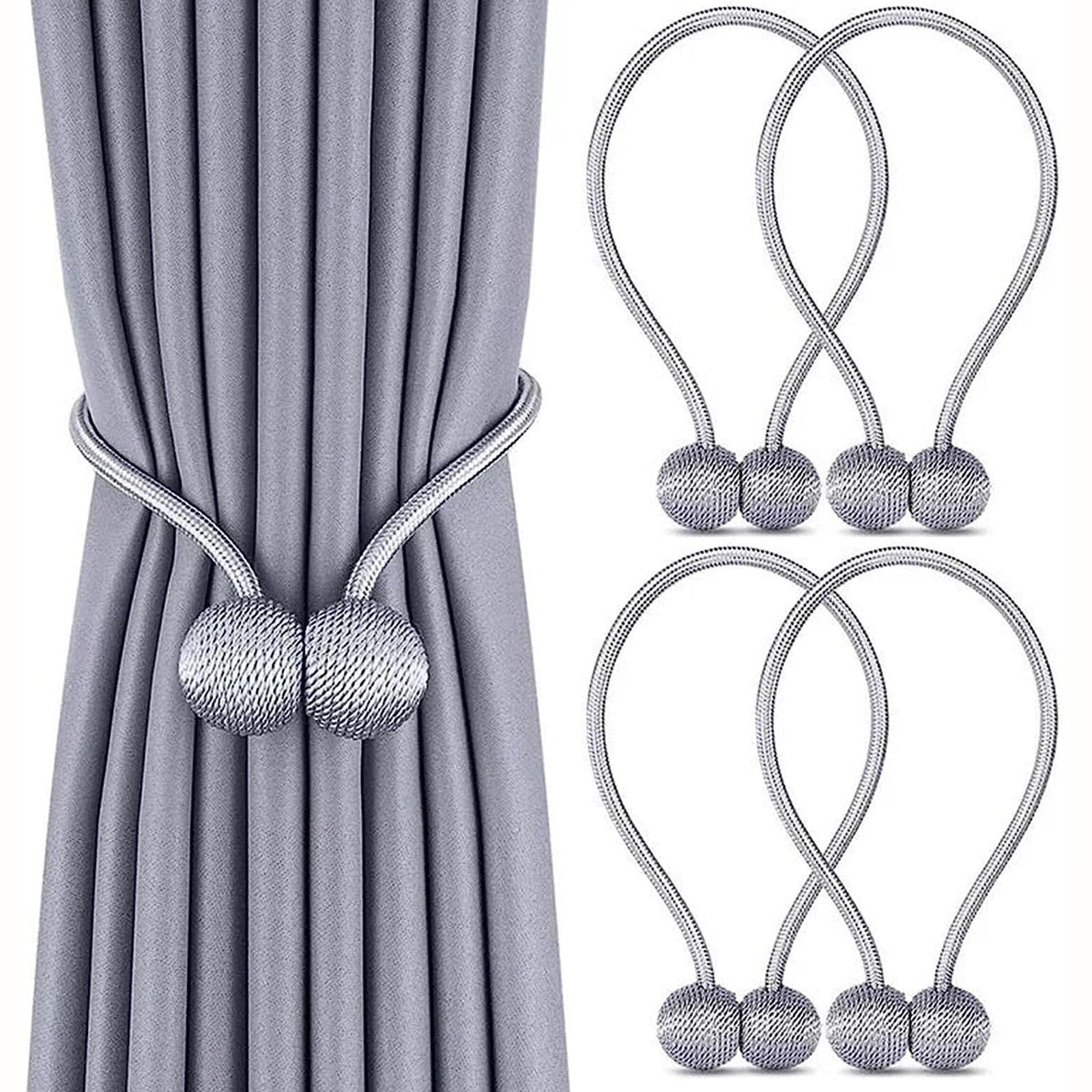 HASTHIP Magnetic Curtain Tiebacks for Home and Office with 40cm Rope and 3.3cm Balls | Grey