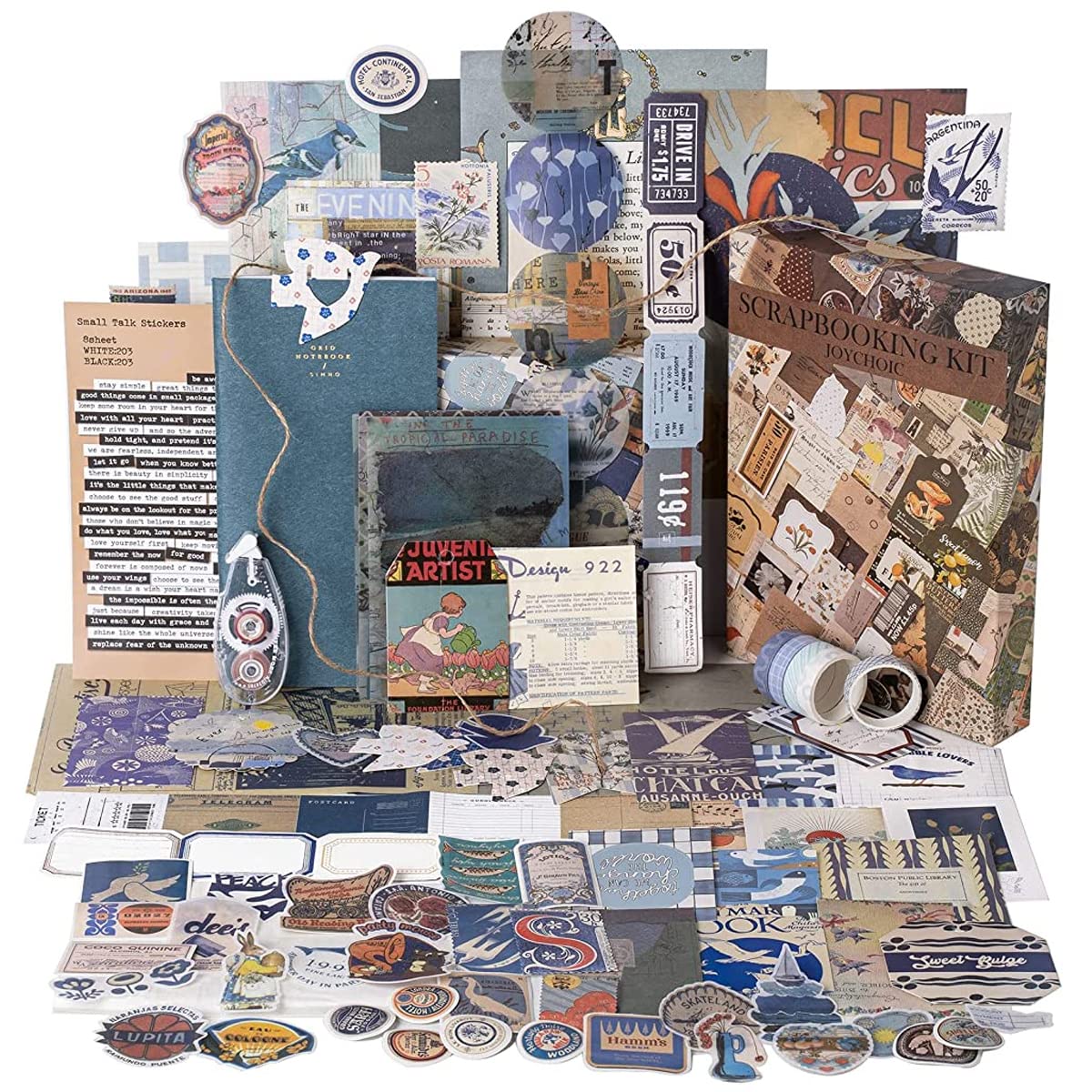 HASTHIP Scrapbook Stickers Kit for Journaling with 84 Paper Pieces including Notebook and Frames | Blue Vintage DIY Supplies